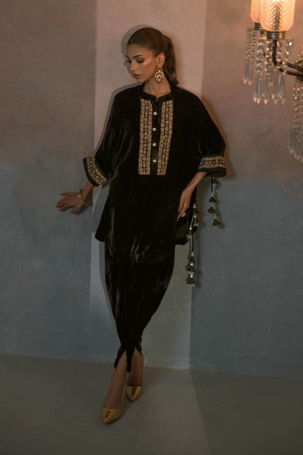 Regal Green Hand-Embroidered Velvet Ensemble
