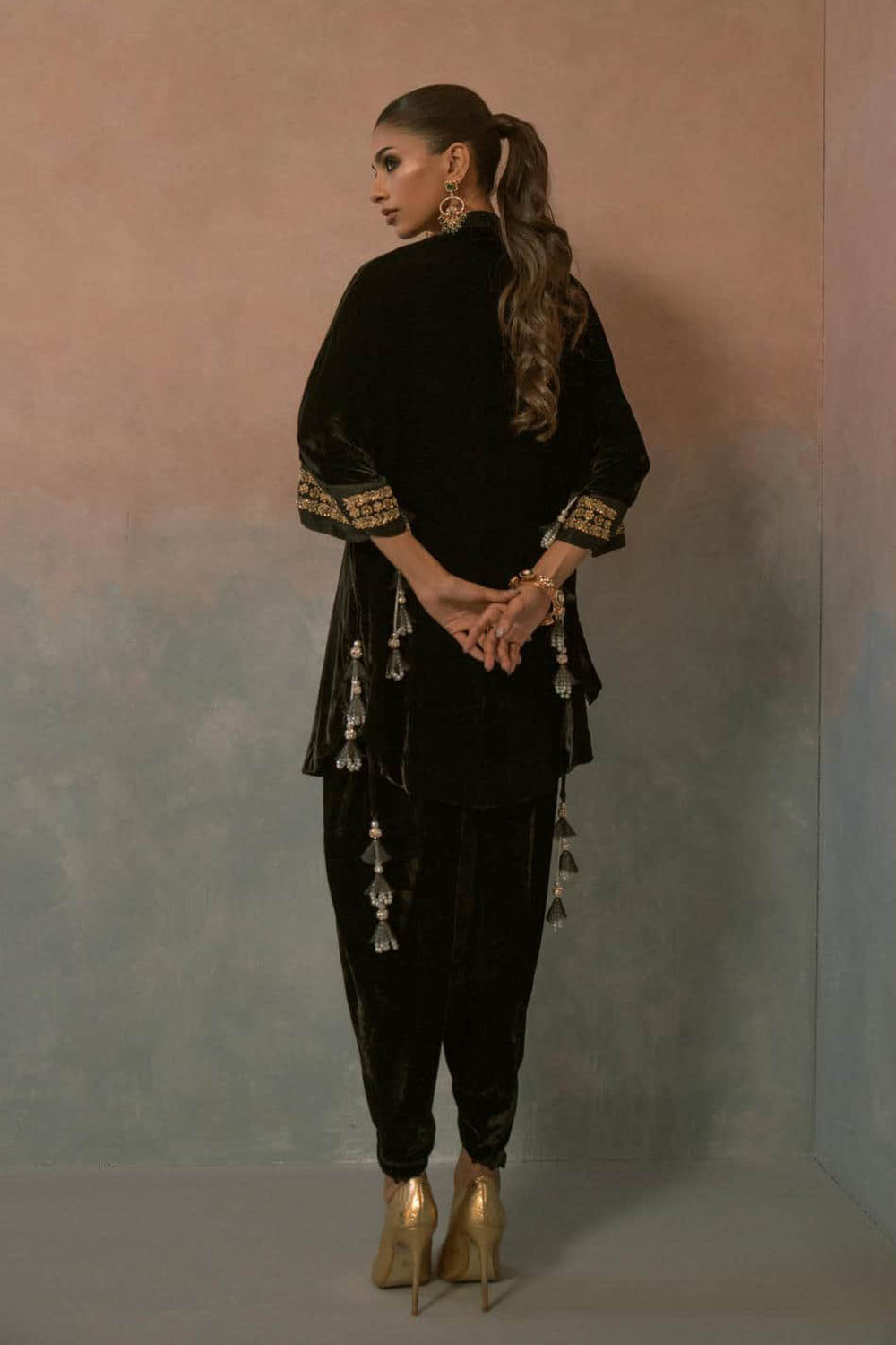 Regal Green Hand-Embroidered Velvet Ensemble