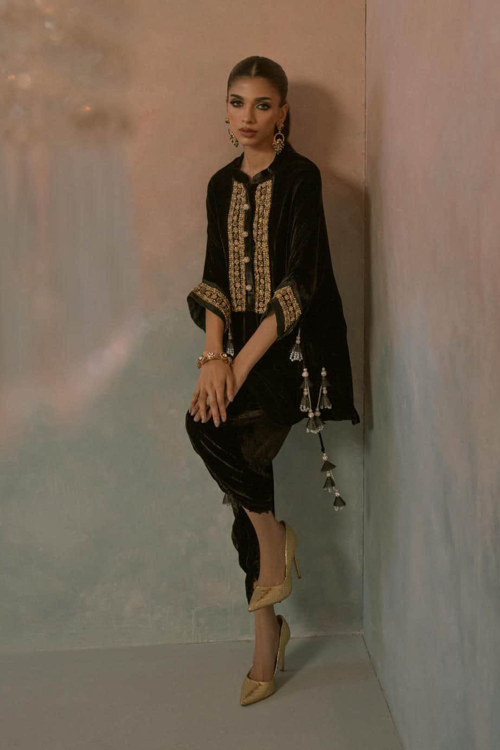 Regal Green Hand-Embroidered Velvet Ensemble