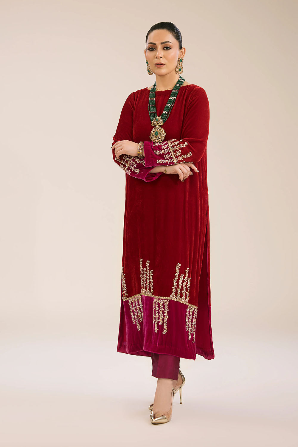 Ruby Velvet Embroidered Kurta & Pant Set