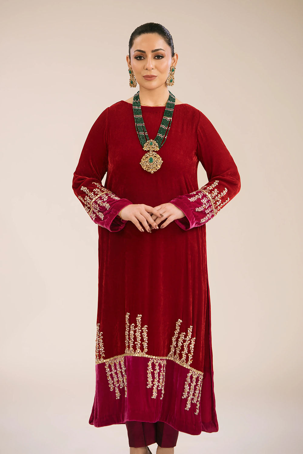Ruby Velvet Embroidered Kurta & Pant Set