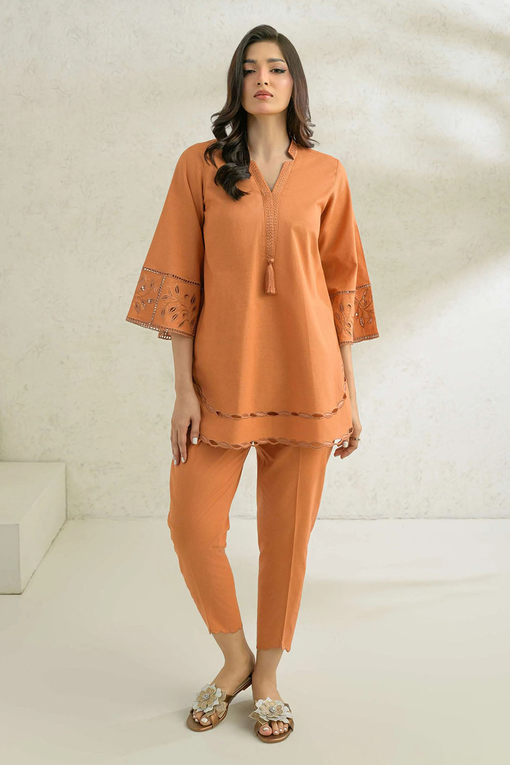Rust Solid Embellished Three-Quarter Sleeve Co-Ord Sets