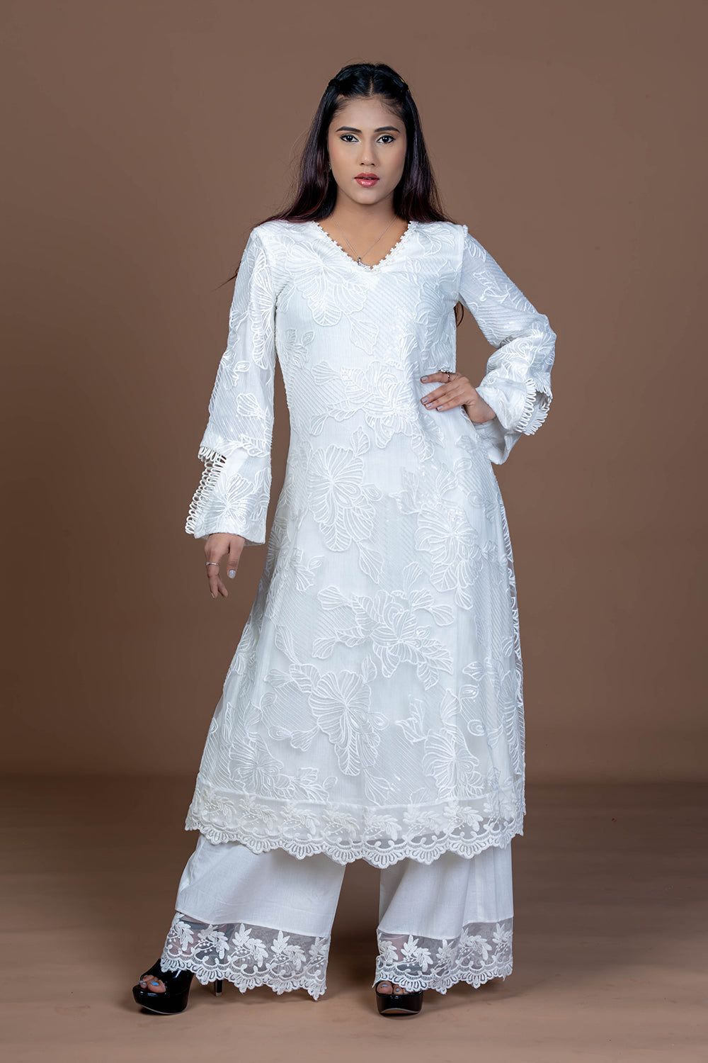 Lace embellished white kurta set paired with Kota doria dupatta