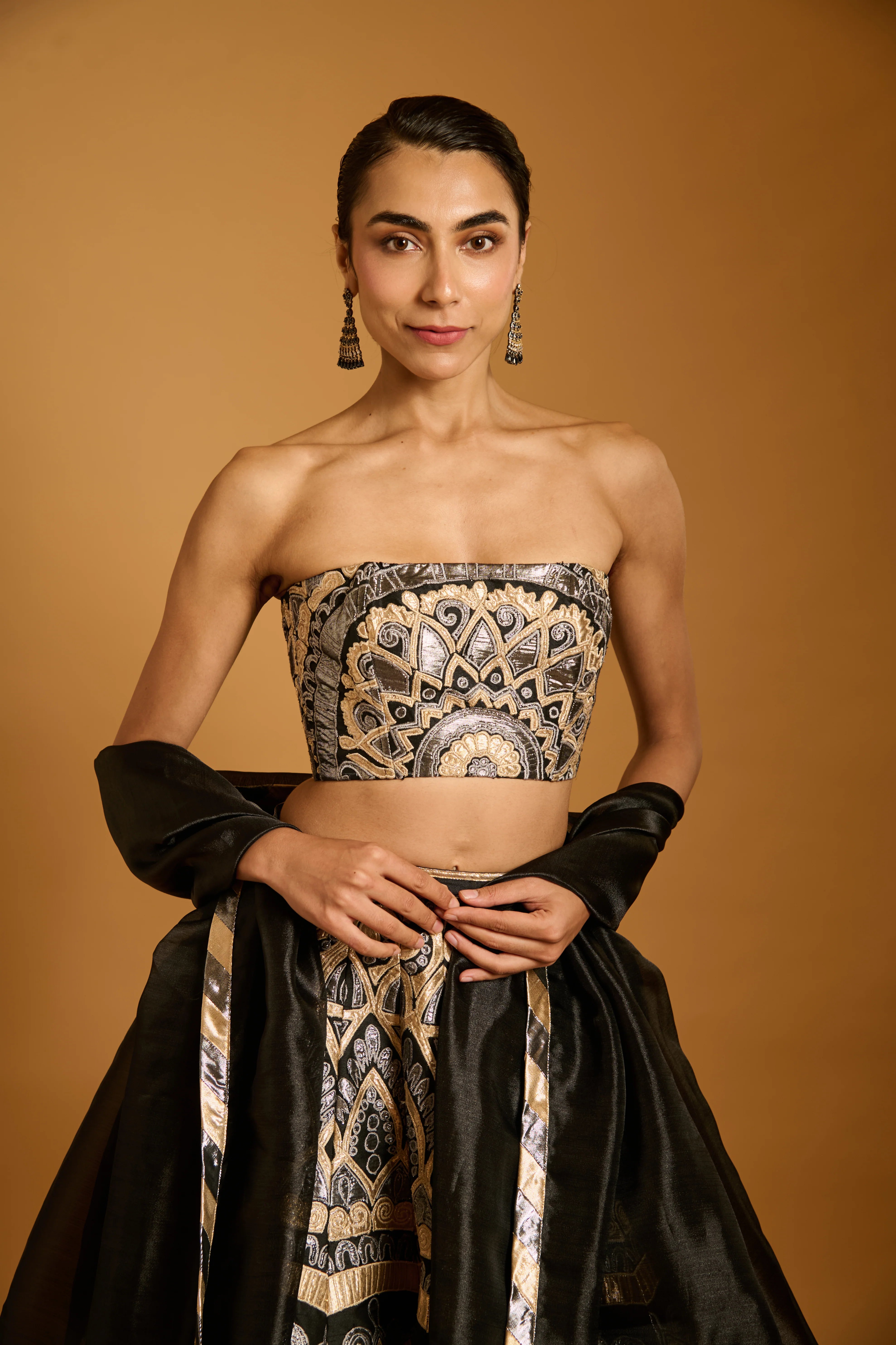 Trifecta black applique lehenga