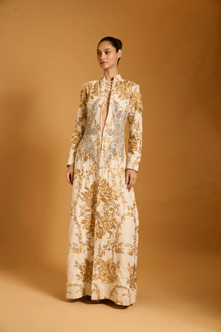Trifecta ivory-gold dragon flies long jacket