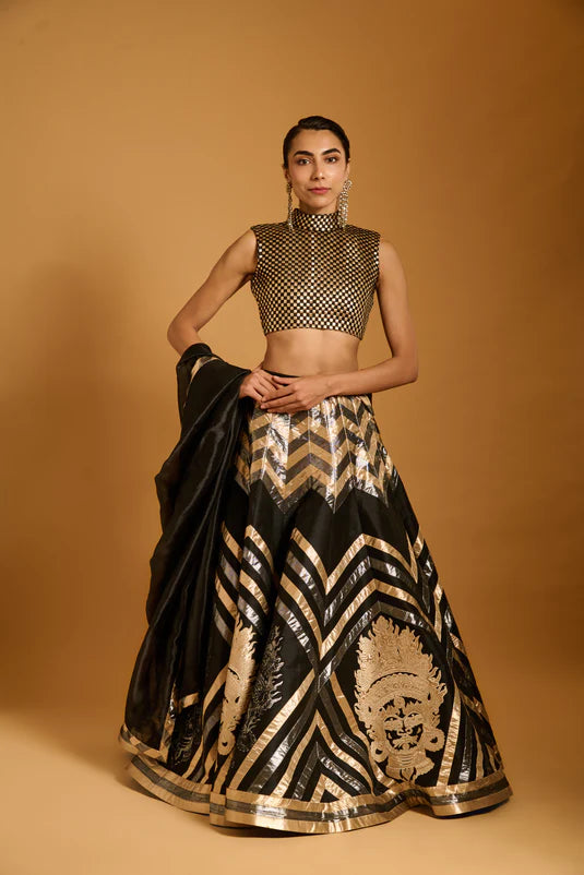 Trifecta black chevron idol applique lehenga