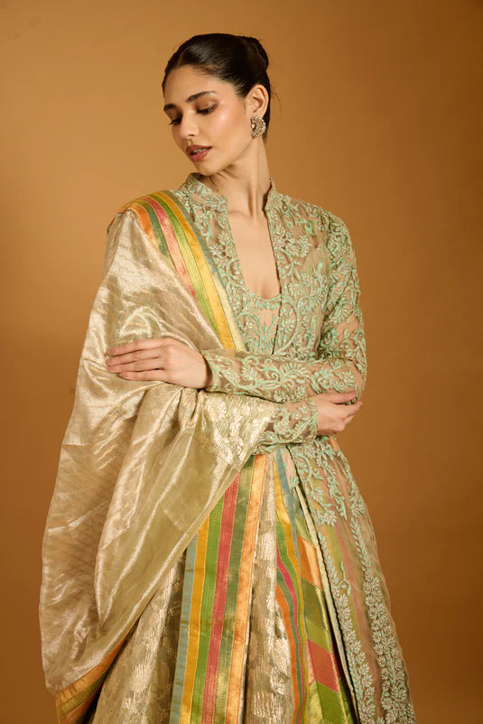 Trifecta peppermint-mango chevron lehenga with peppermint threadwork crystal achkan