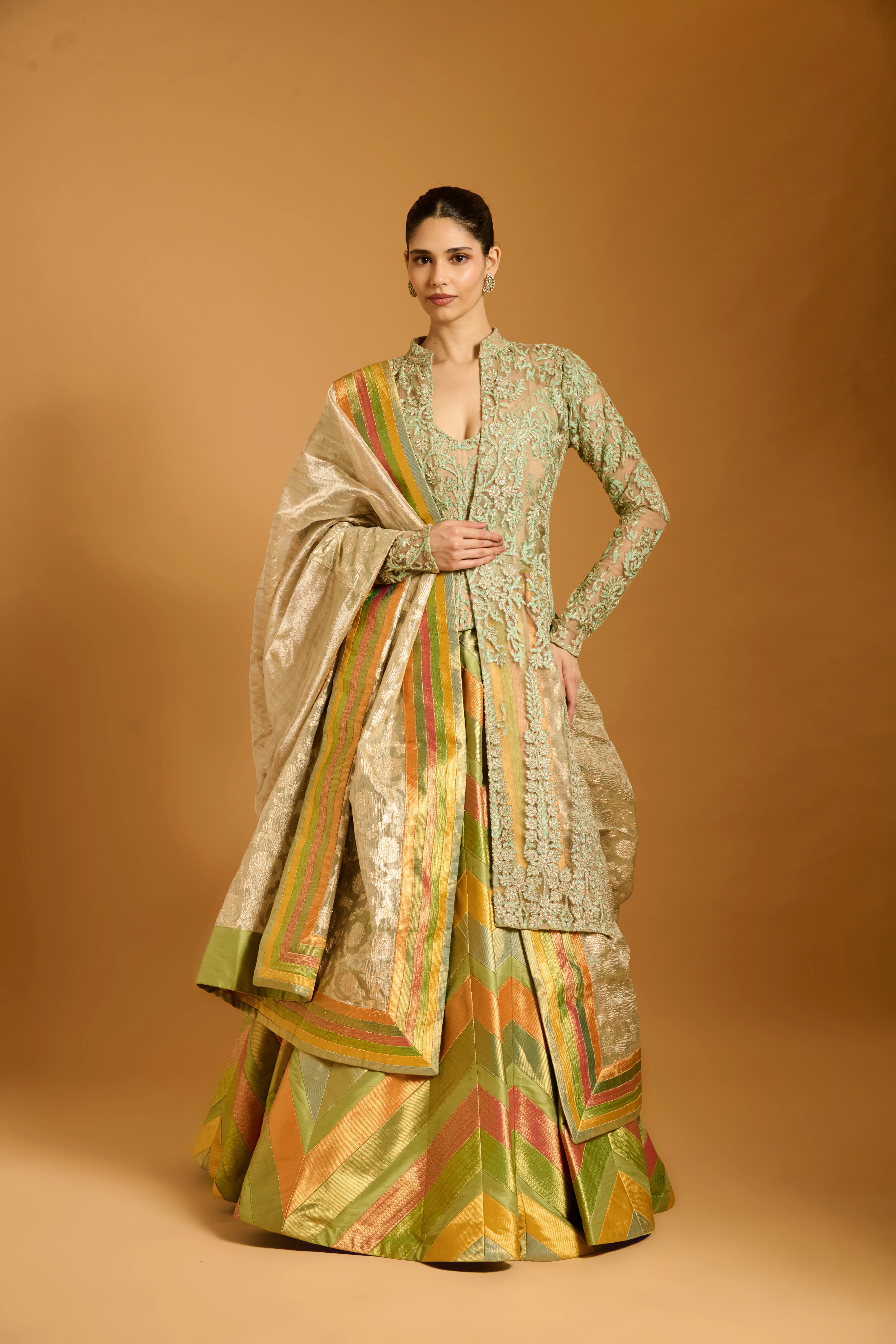 Trifecta peppermint-mango chevron lehenga with peppermint threadwork crystal achkan