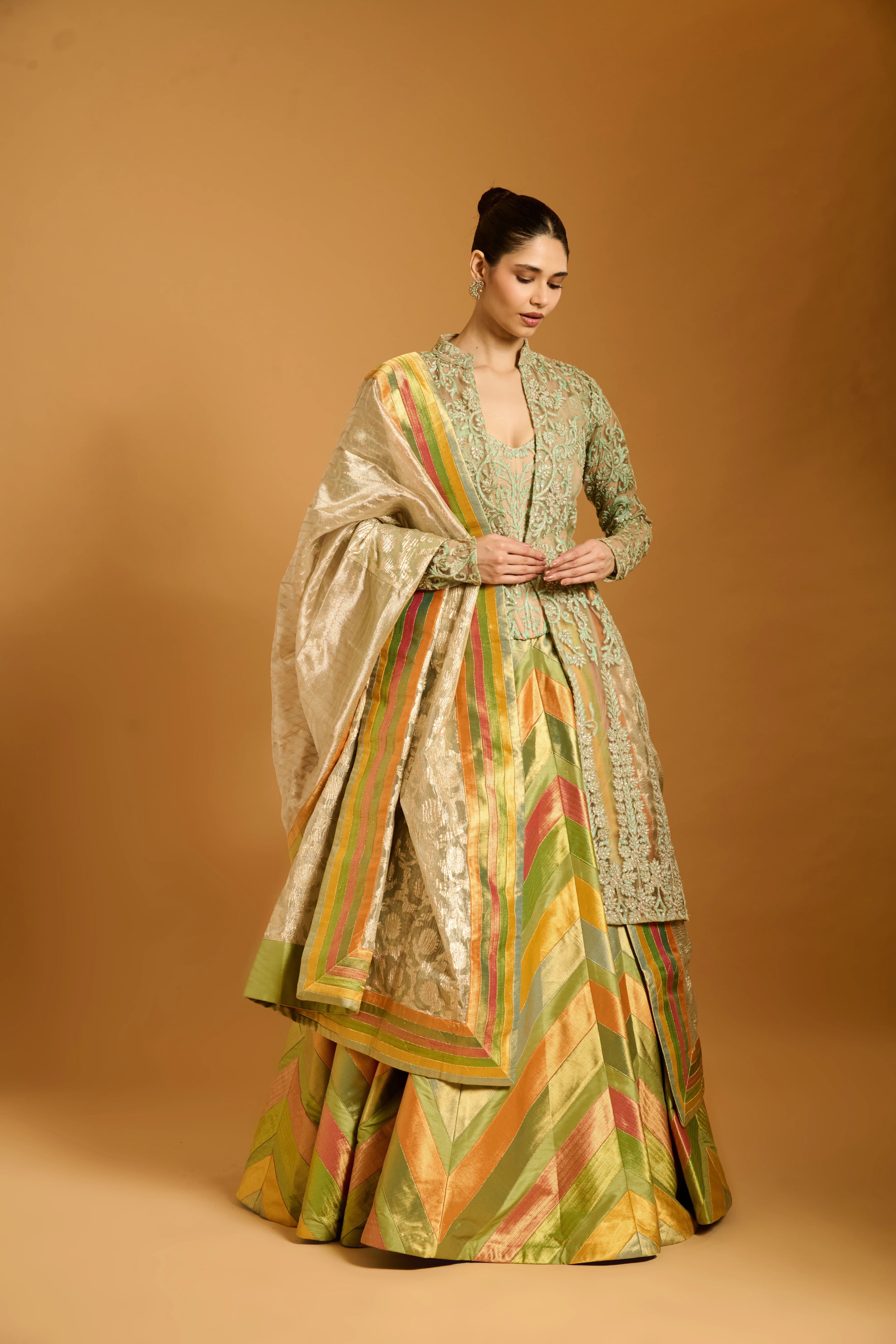 Trifecta peppermint-mango chevron lehenga with peppermint threadwork crystal achkan