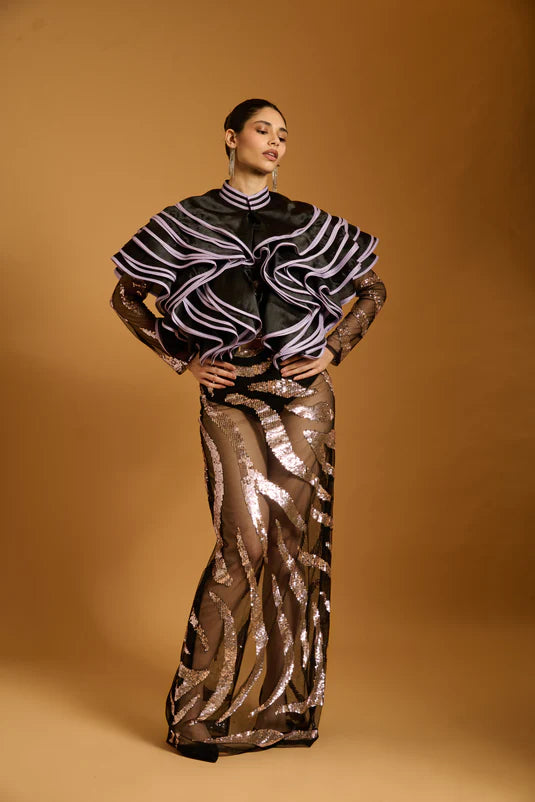 Trifecta black-lavender zebra sheer gown