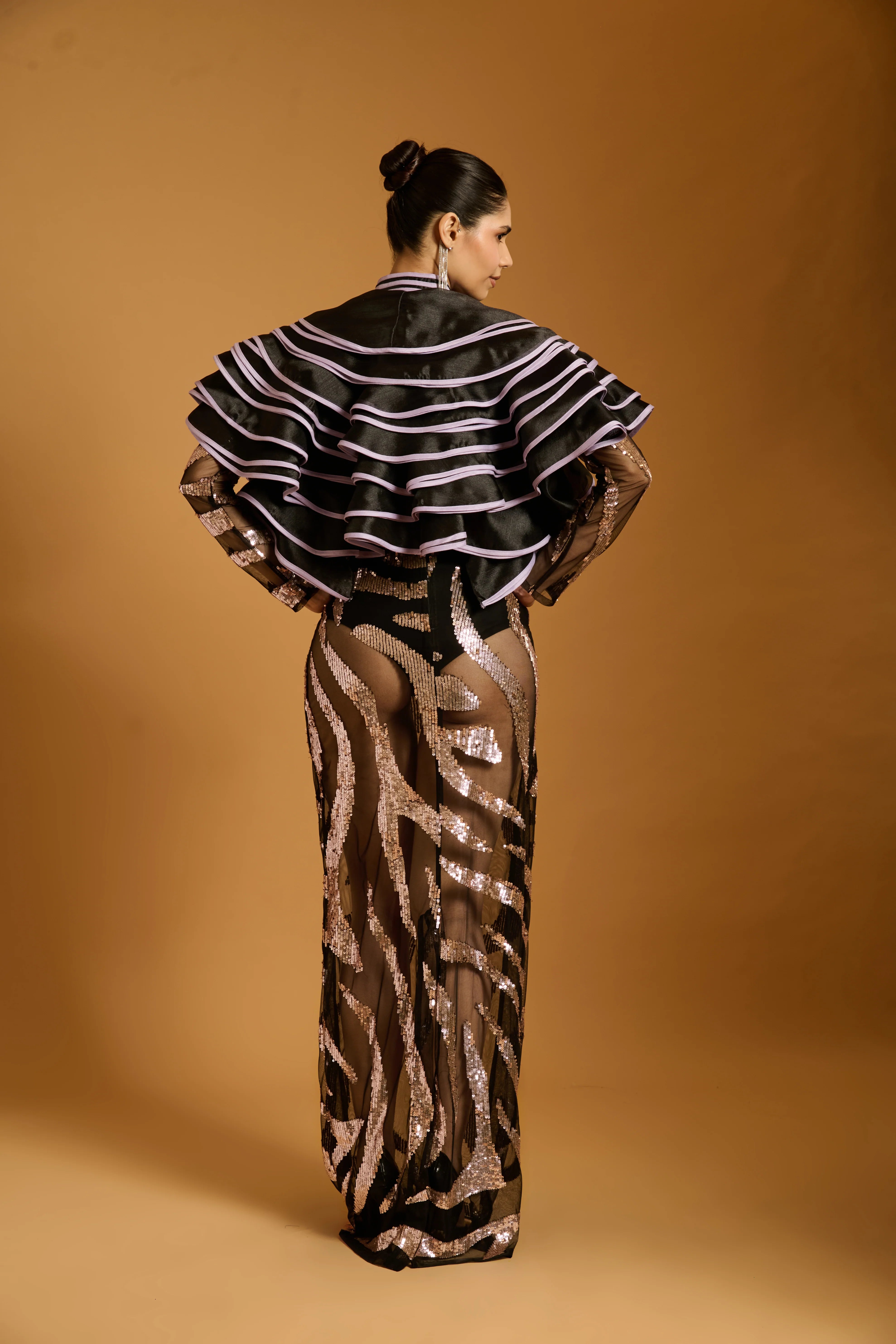 Trifecta black-lavender zebra sheer gown