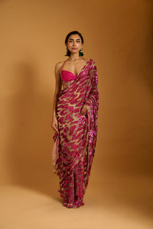 Trifecta fuchsia cheetah saree