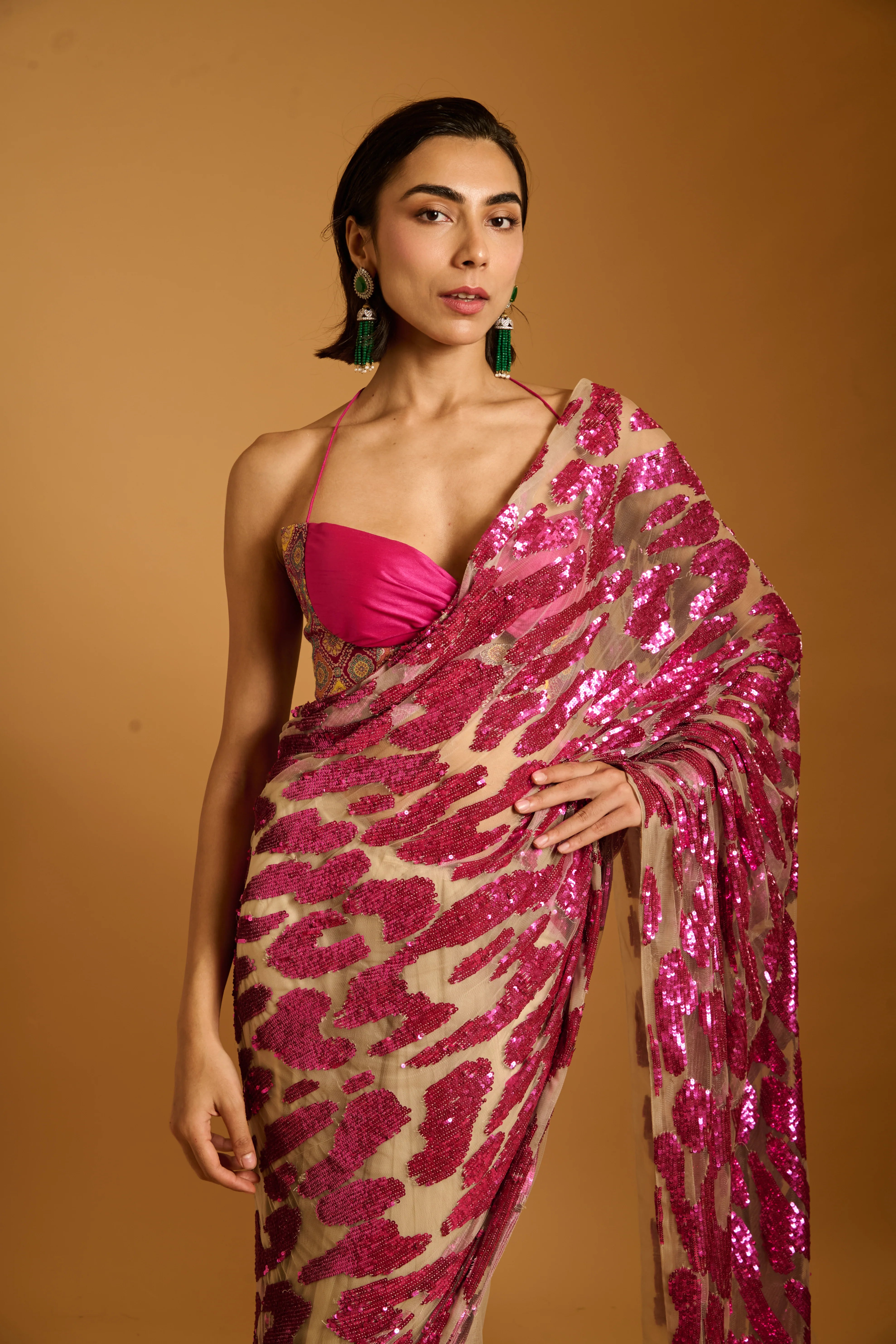Trifecta fuchsia cheetah saree