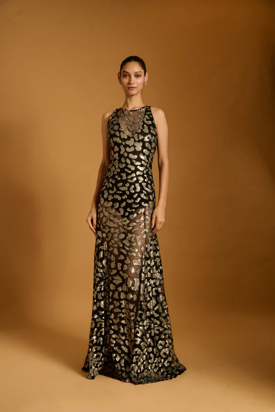 Trifecta black cheetah sheer gown