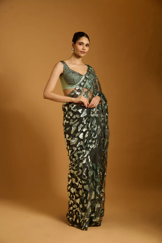 Trifecta charcoal-aqua cheetah saree