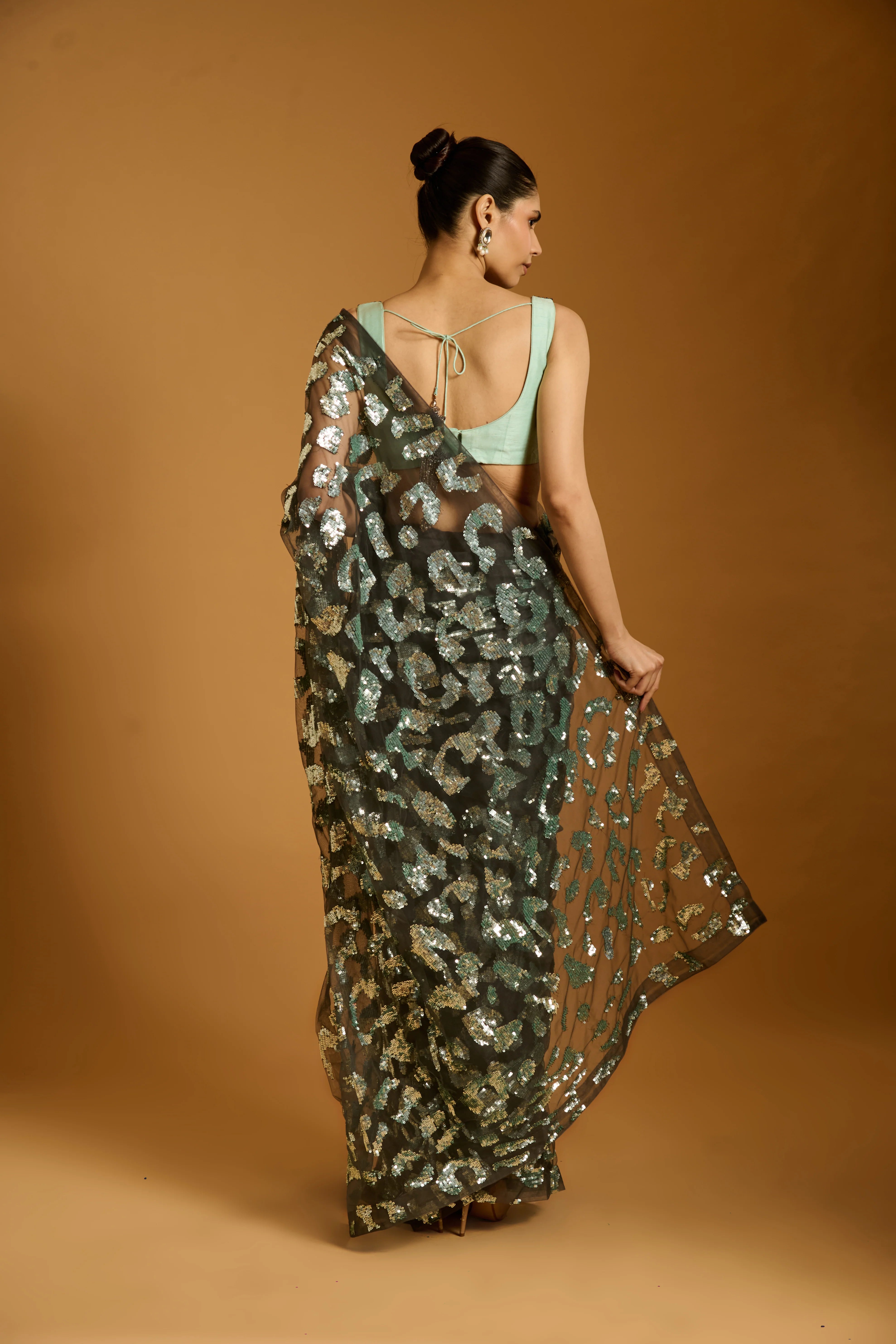 Trifecta charcoal-aqua cheetah saree