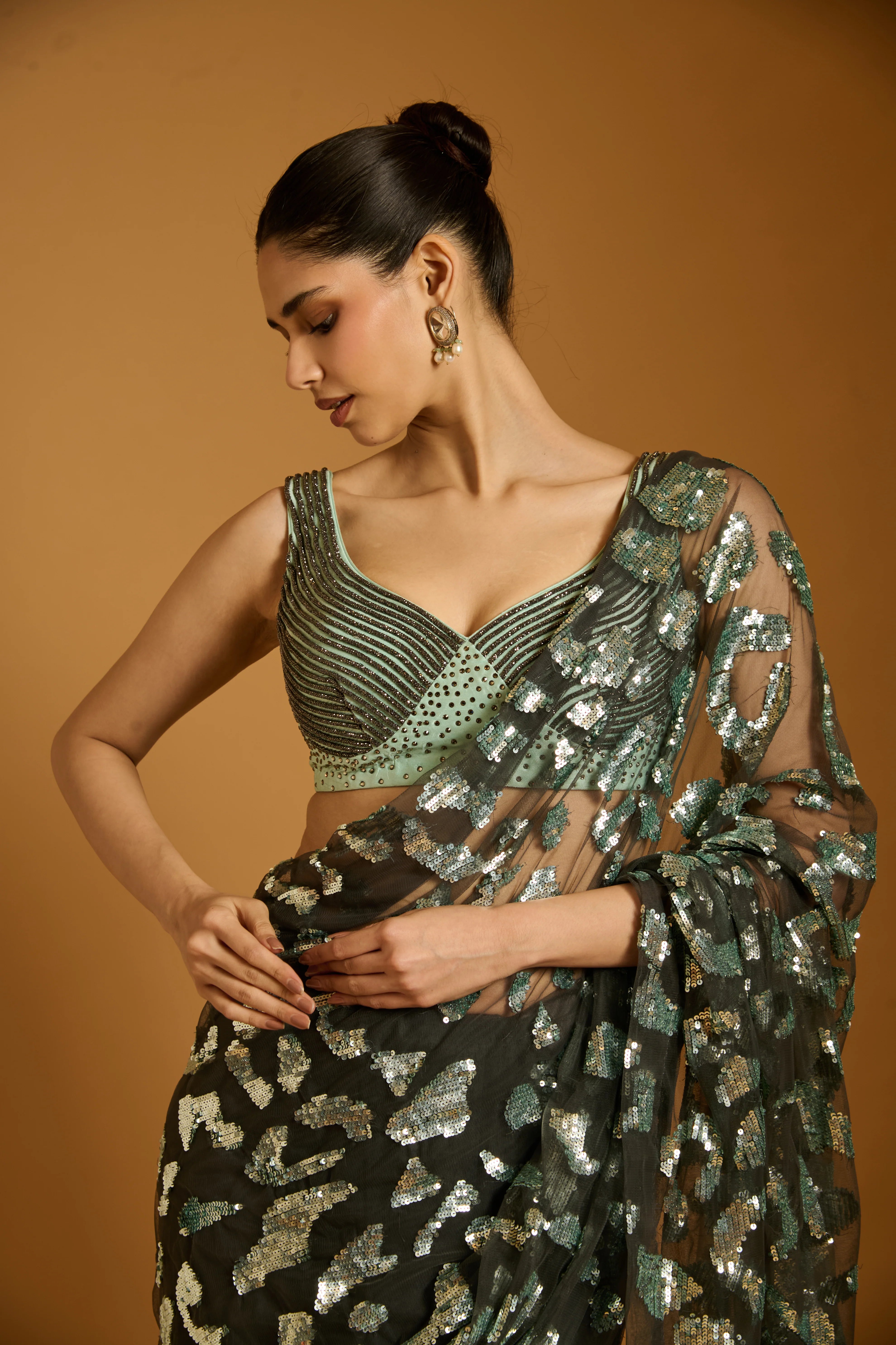 Trifecta charcoal-aqua cheetah saree