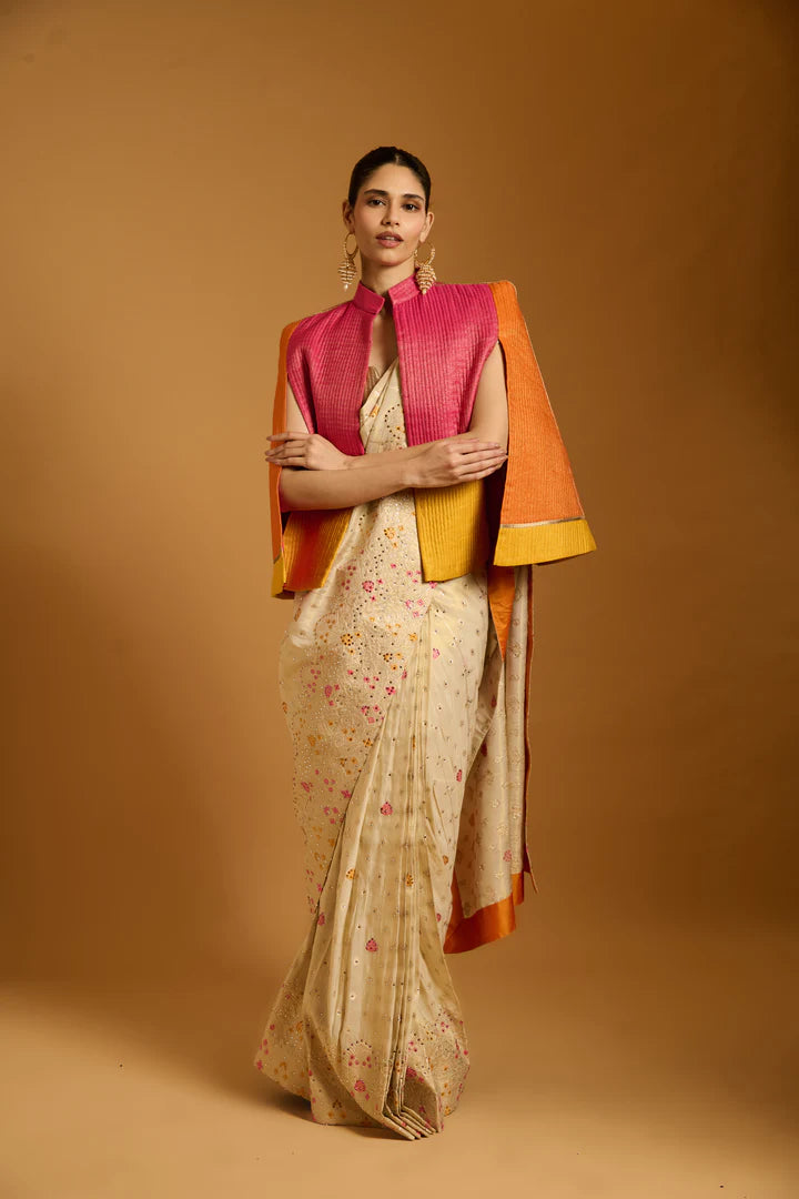 Trifecta vanilla-pink crystal saree with multicolor quilted cape