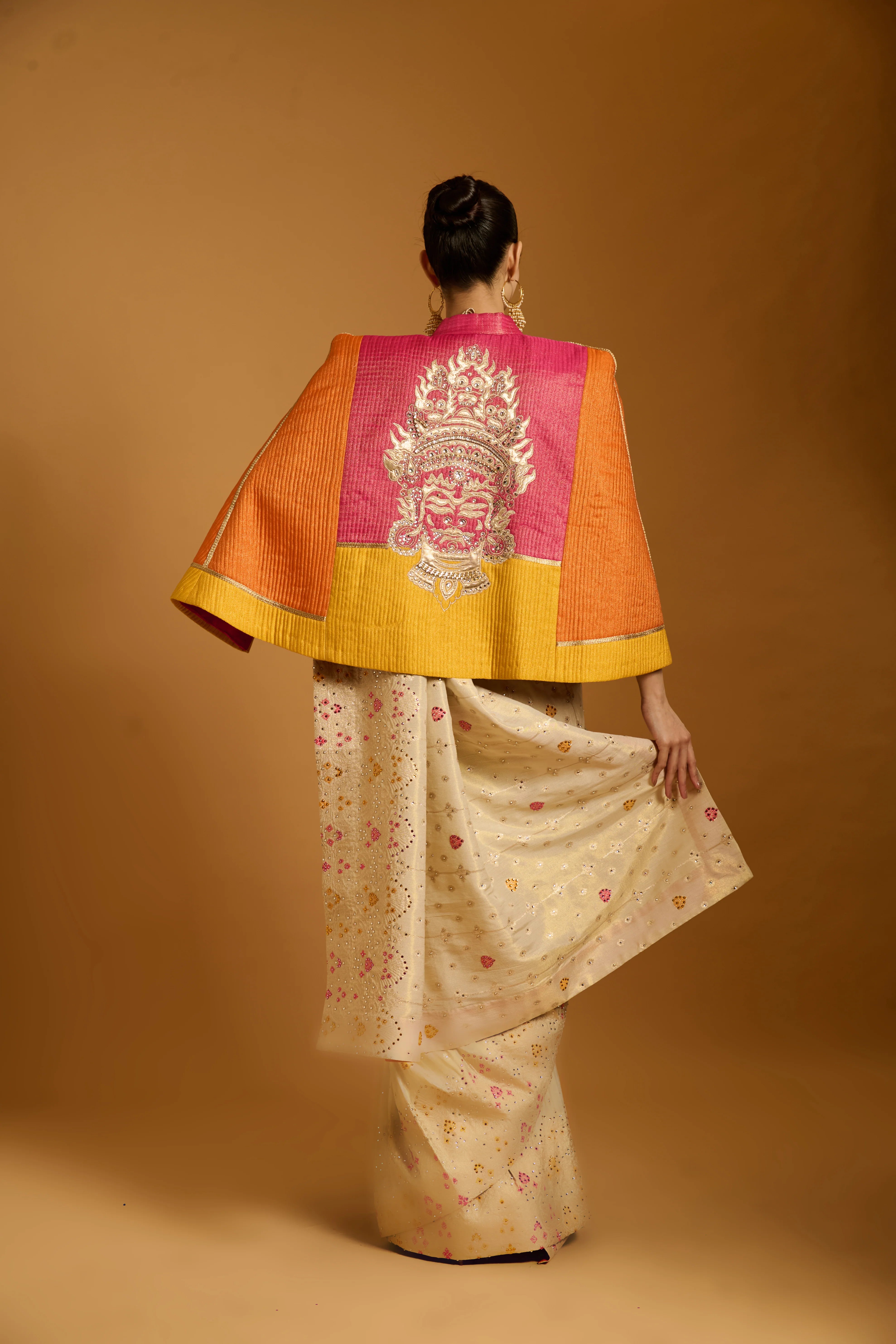 Trifecta vanilla-pink crystal saree with multicolor quilted cape