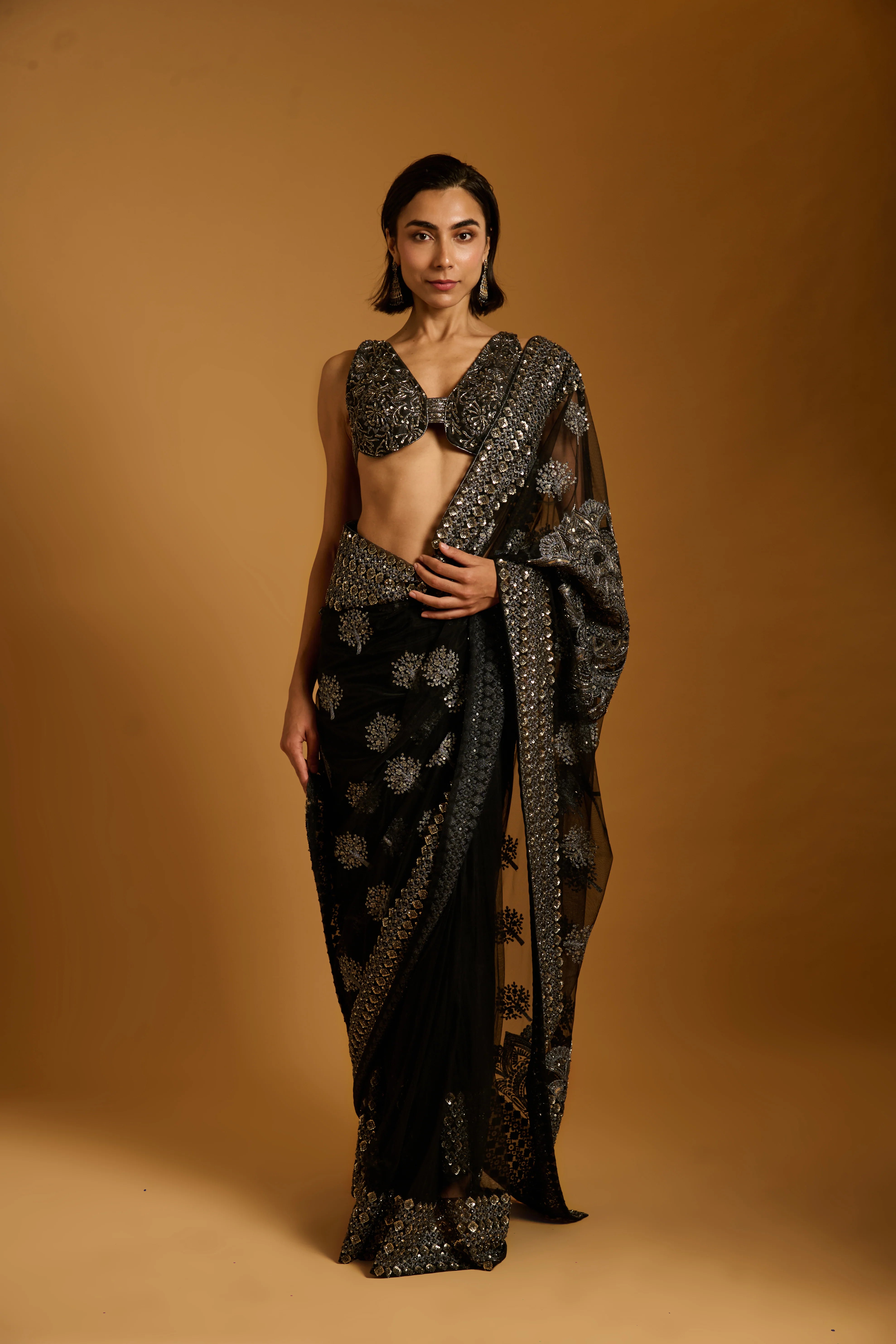 Trifecta black-gunmetal sequin bootie saree