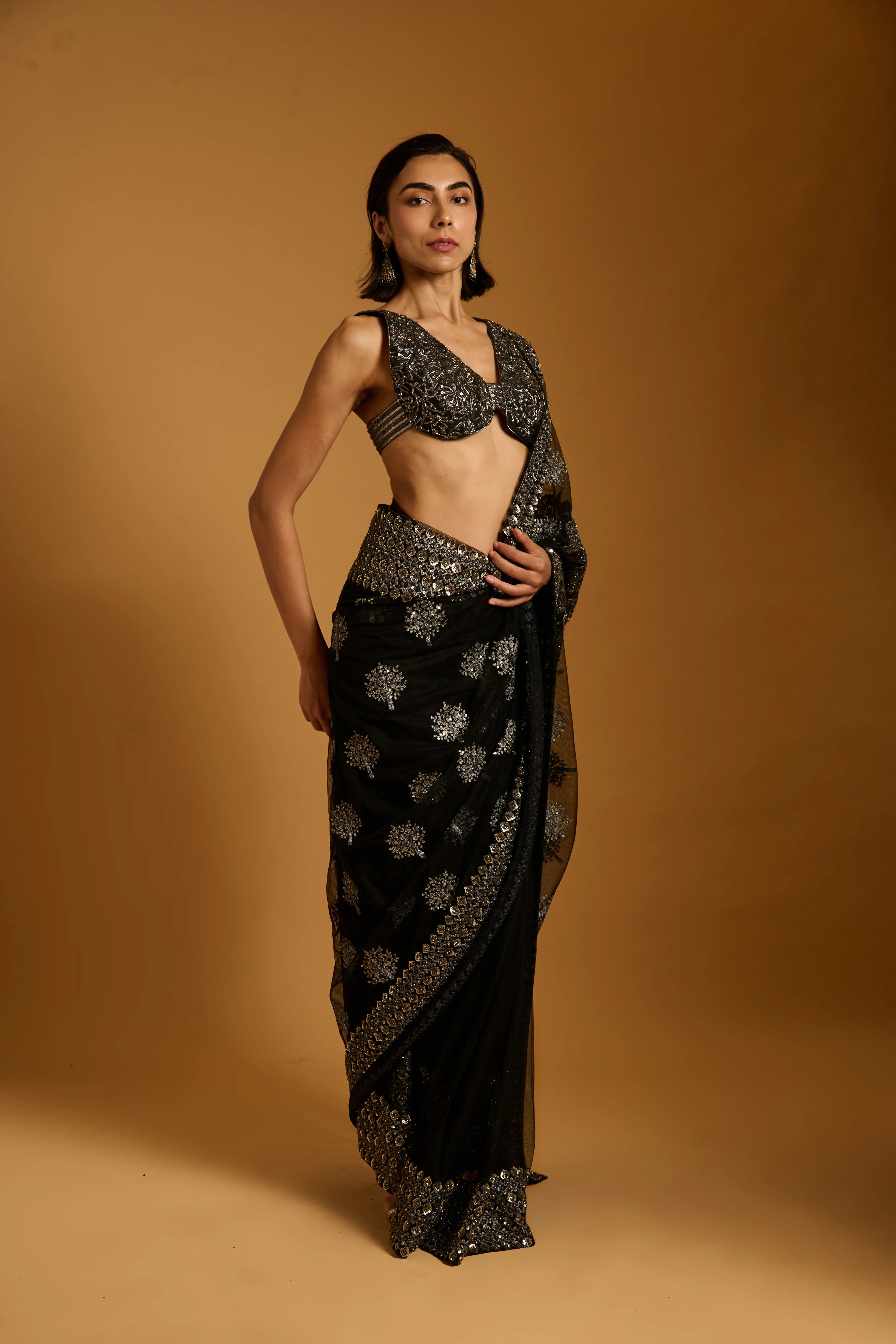 Trifecta black-gunmetal sequin bootie saree