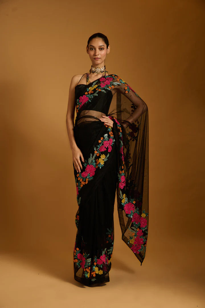 Trifecta black floral vine saree