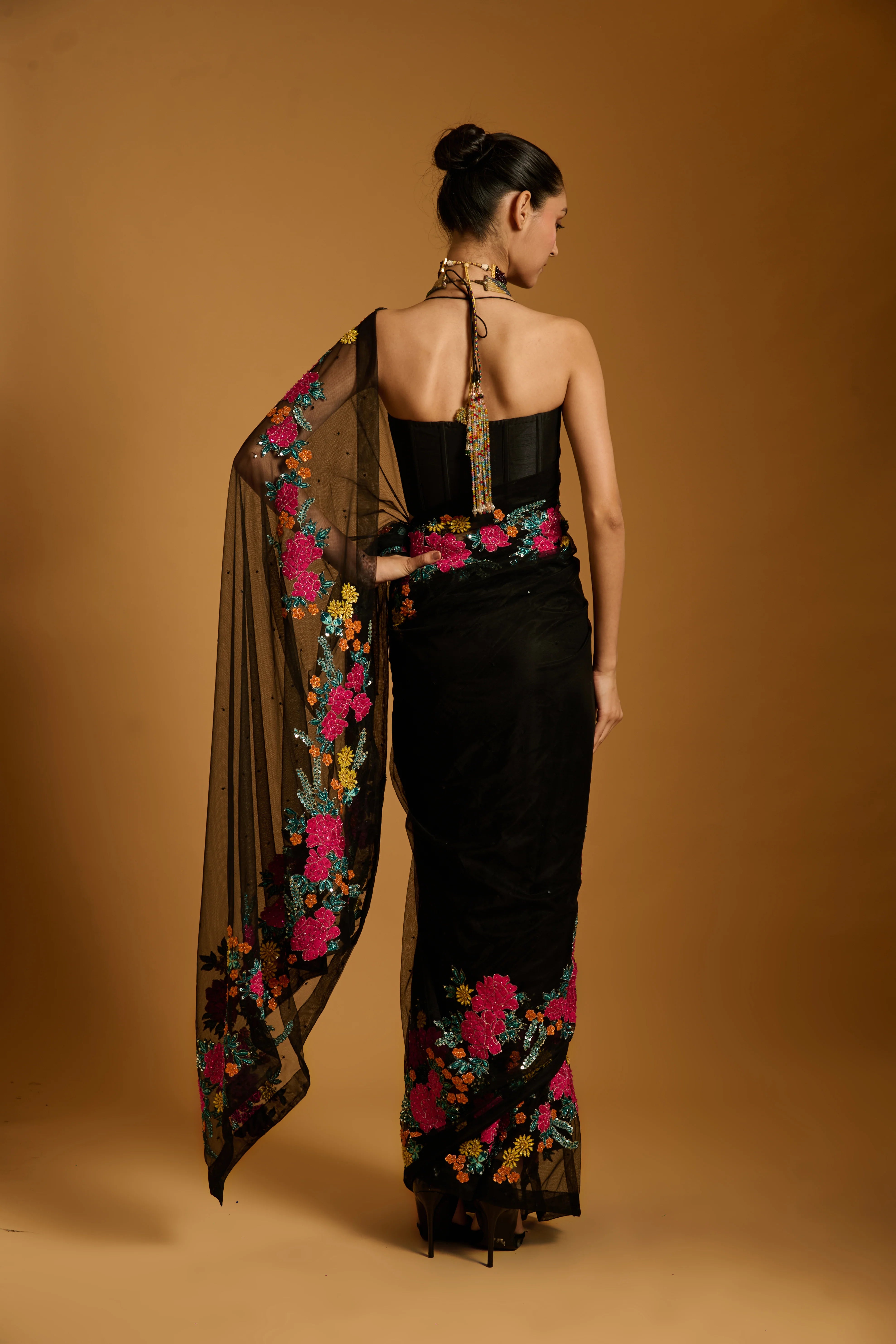 Trifecta black floral vine saree