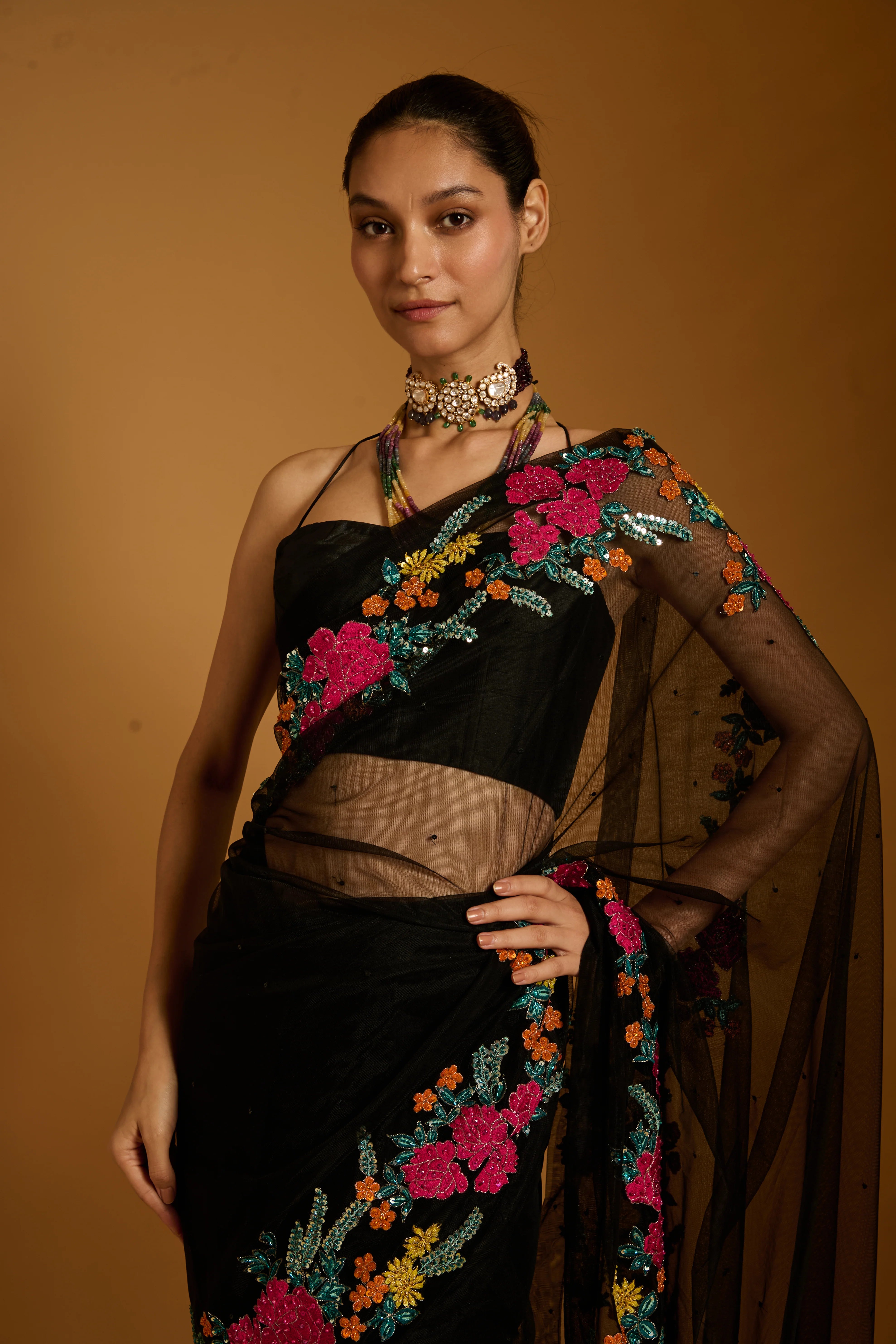 Trifecta black floral vine saree