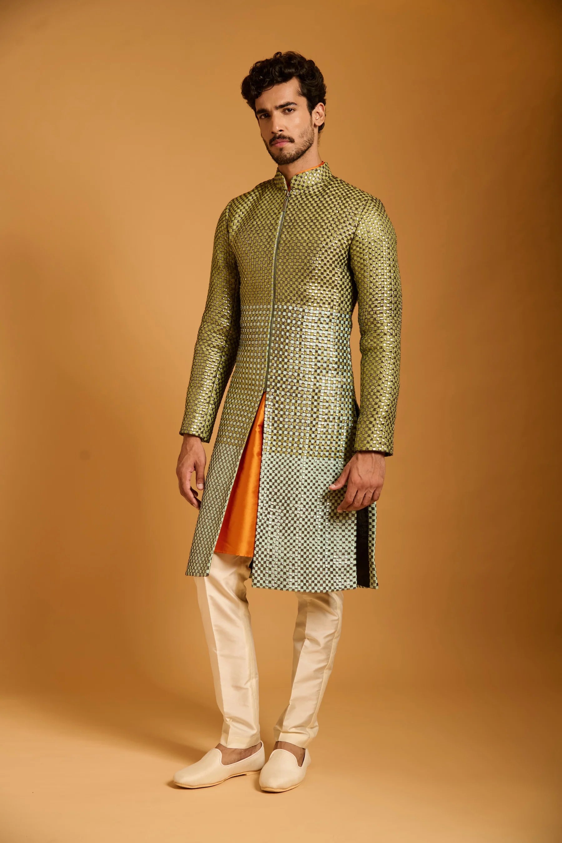 Trifecta pistachio-peppermint intrecciato sherwani
