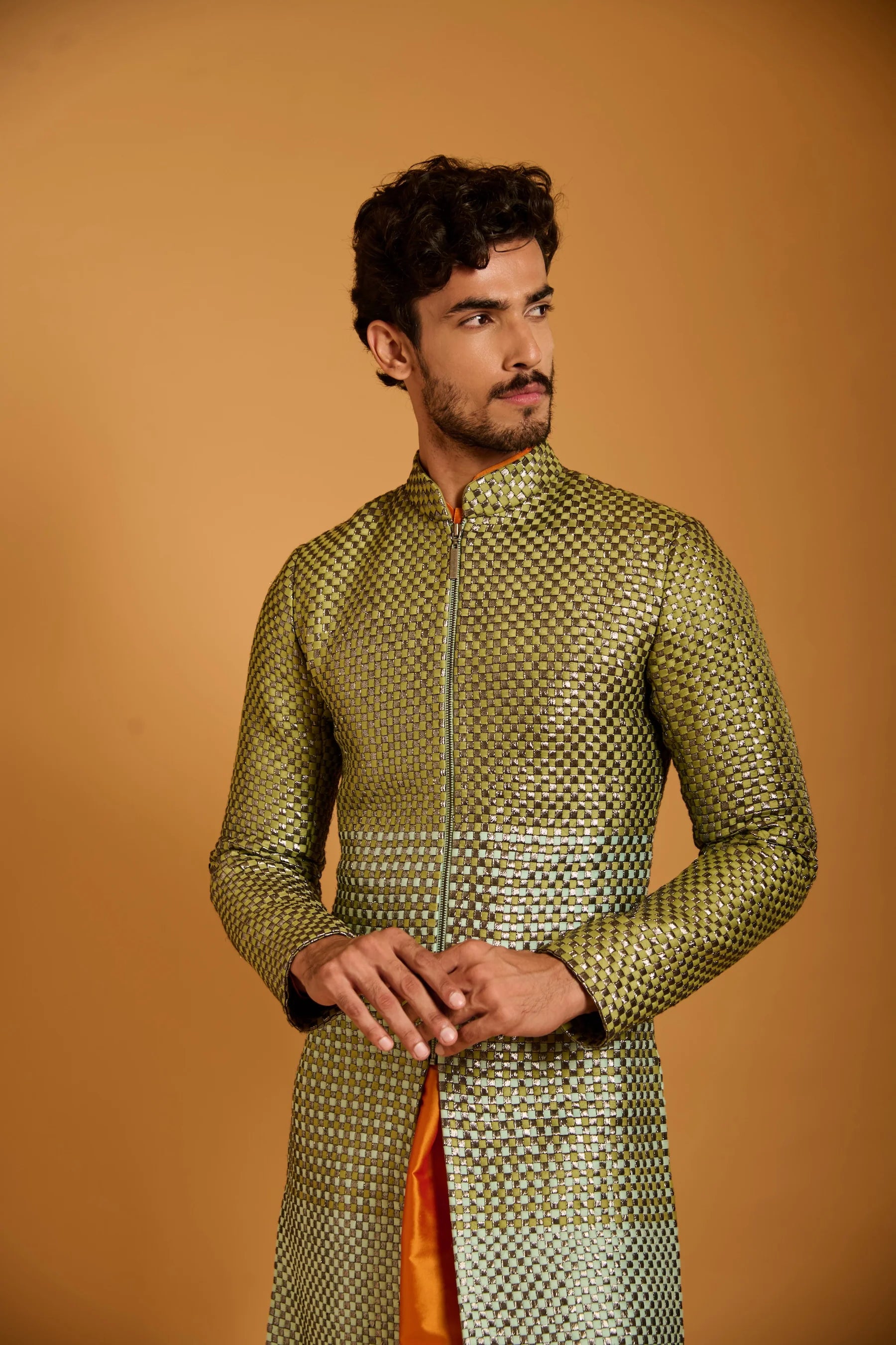 Trifecta pistachio-peppermint intrecciato sherwani