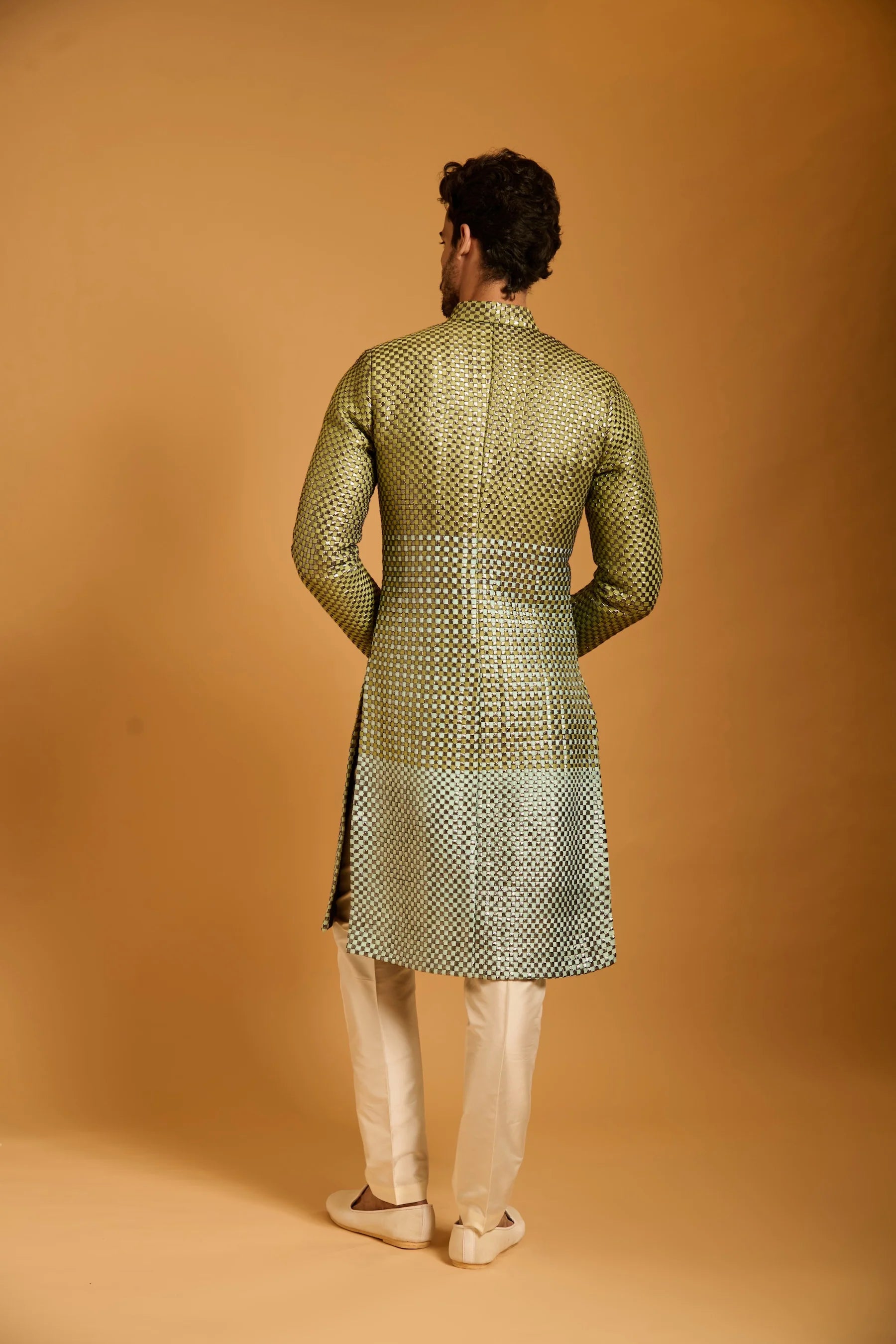 Trifecta pistachio-peppermint intrecciato sherwani