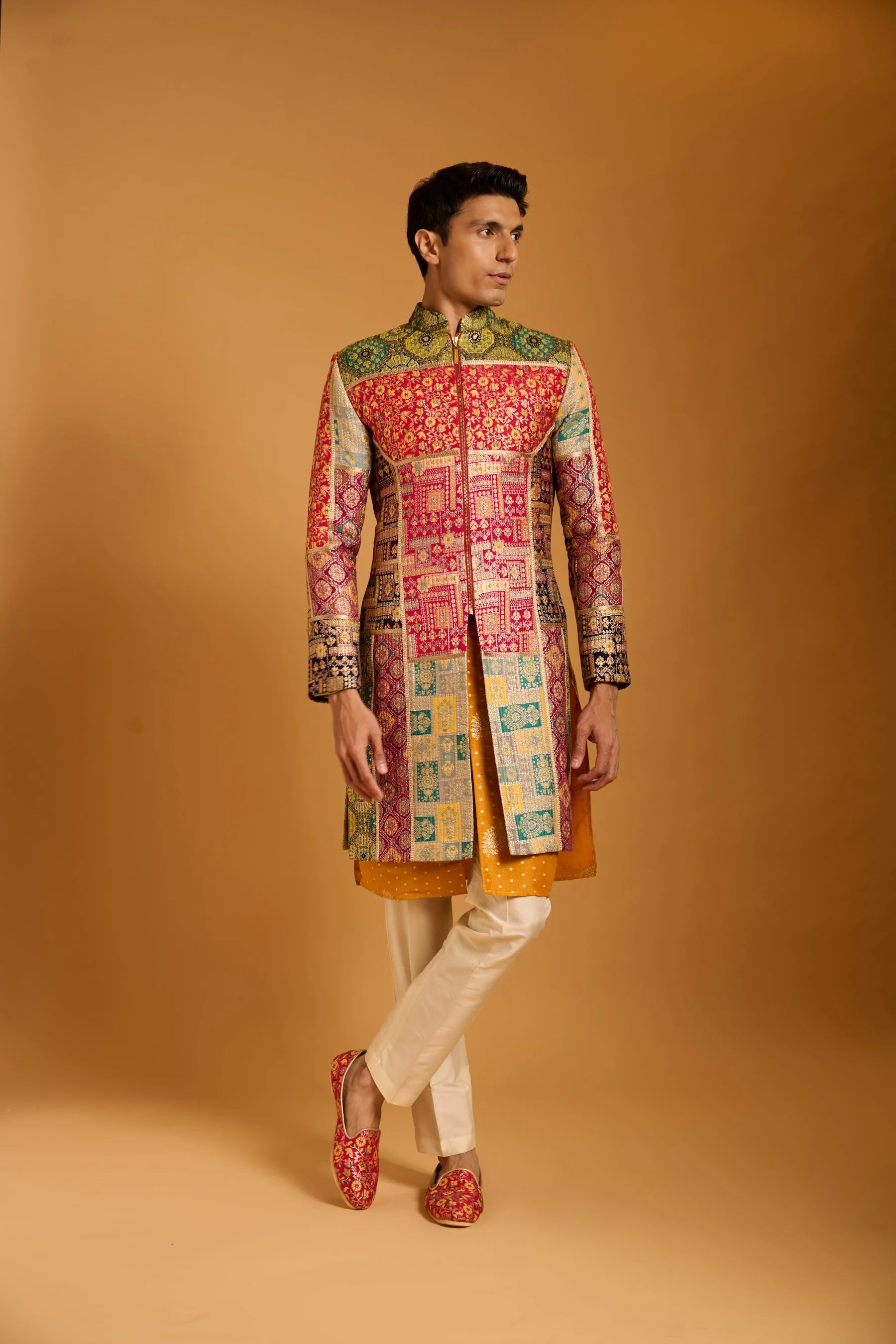 Trifecta multi brocade paneled sherwani