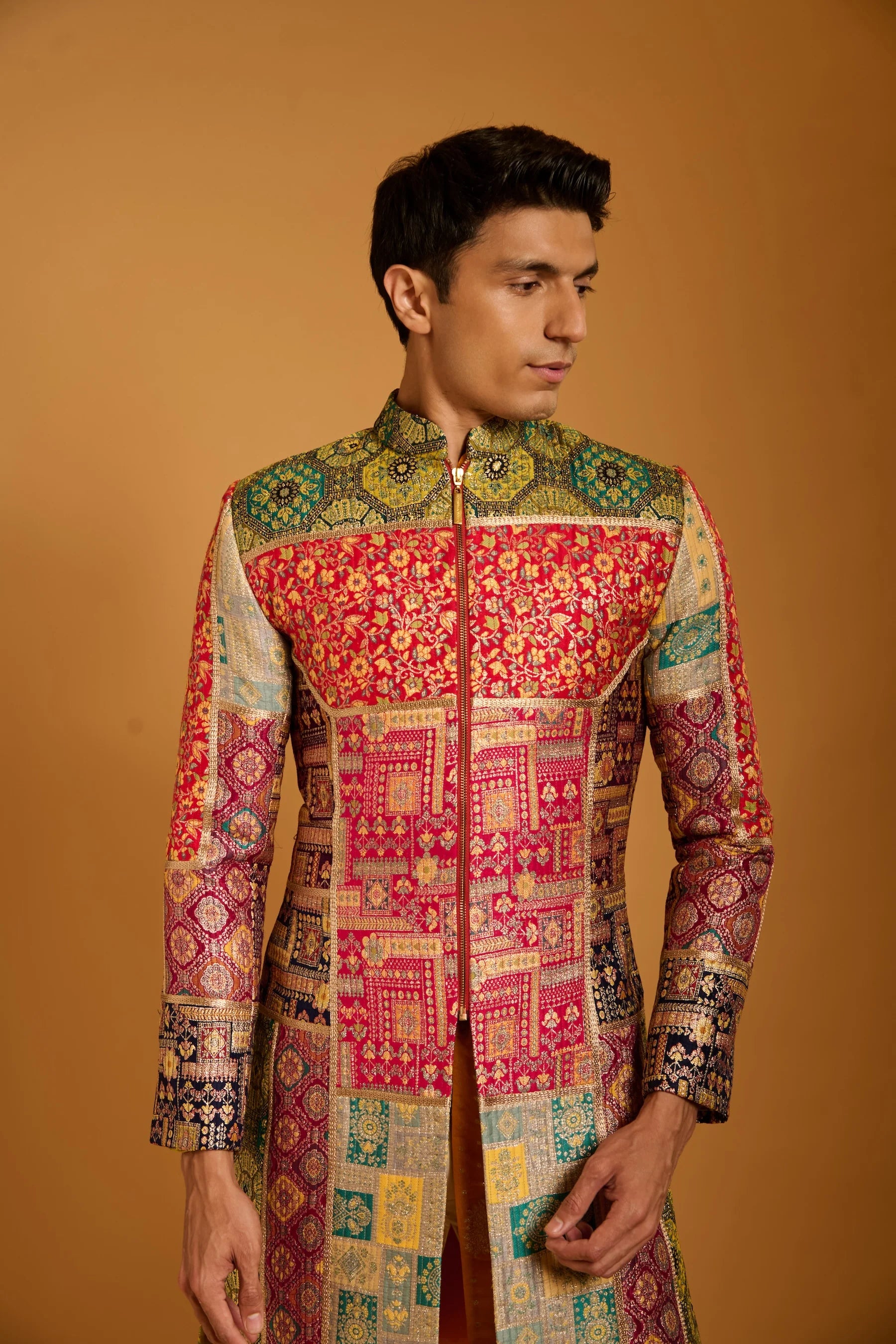 Trifecta multi brocade paneled sherwani