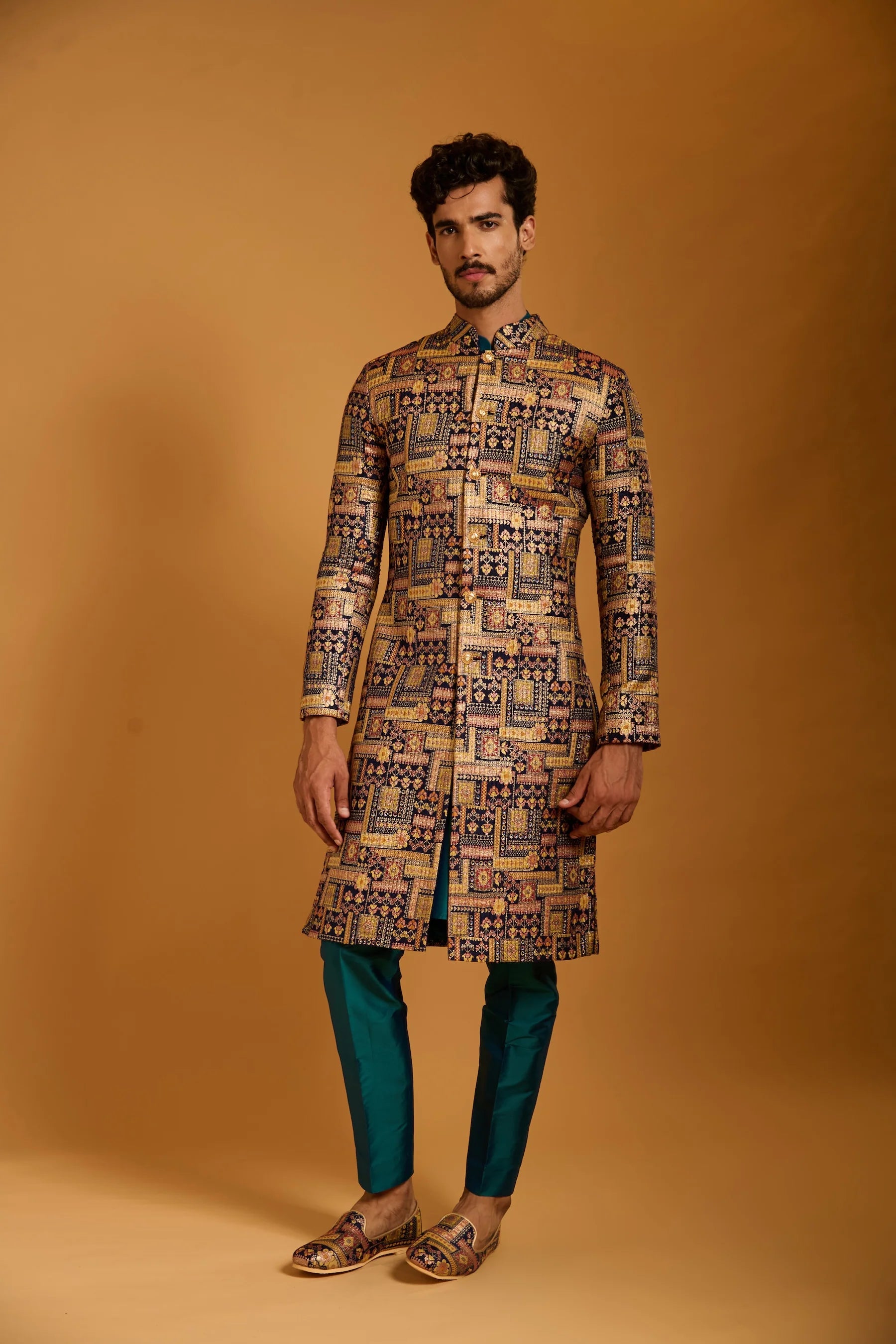 Trifecta navy brocade sherwani