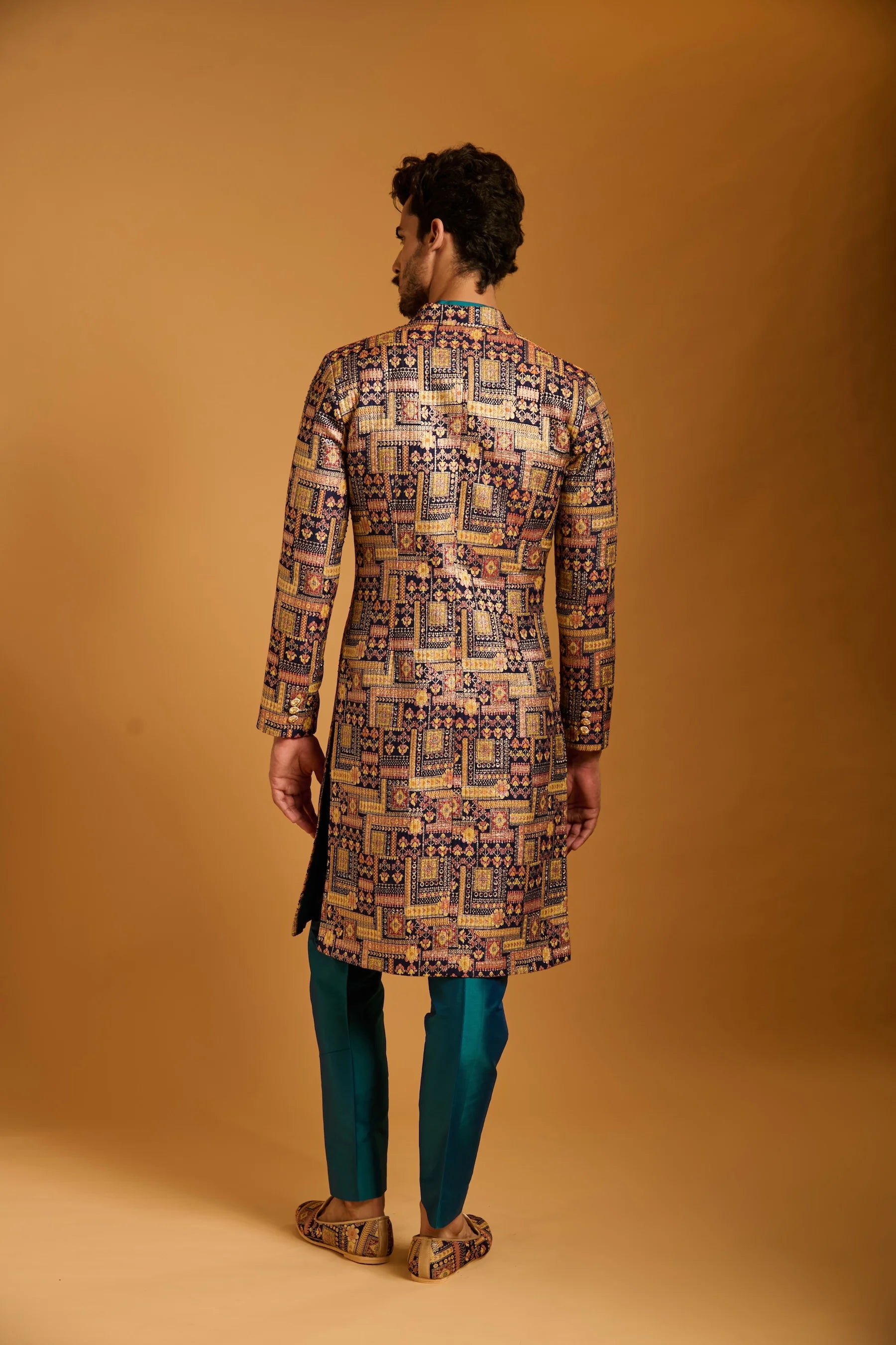 Trifecta navy brocade sherwani