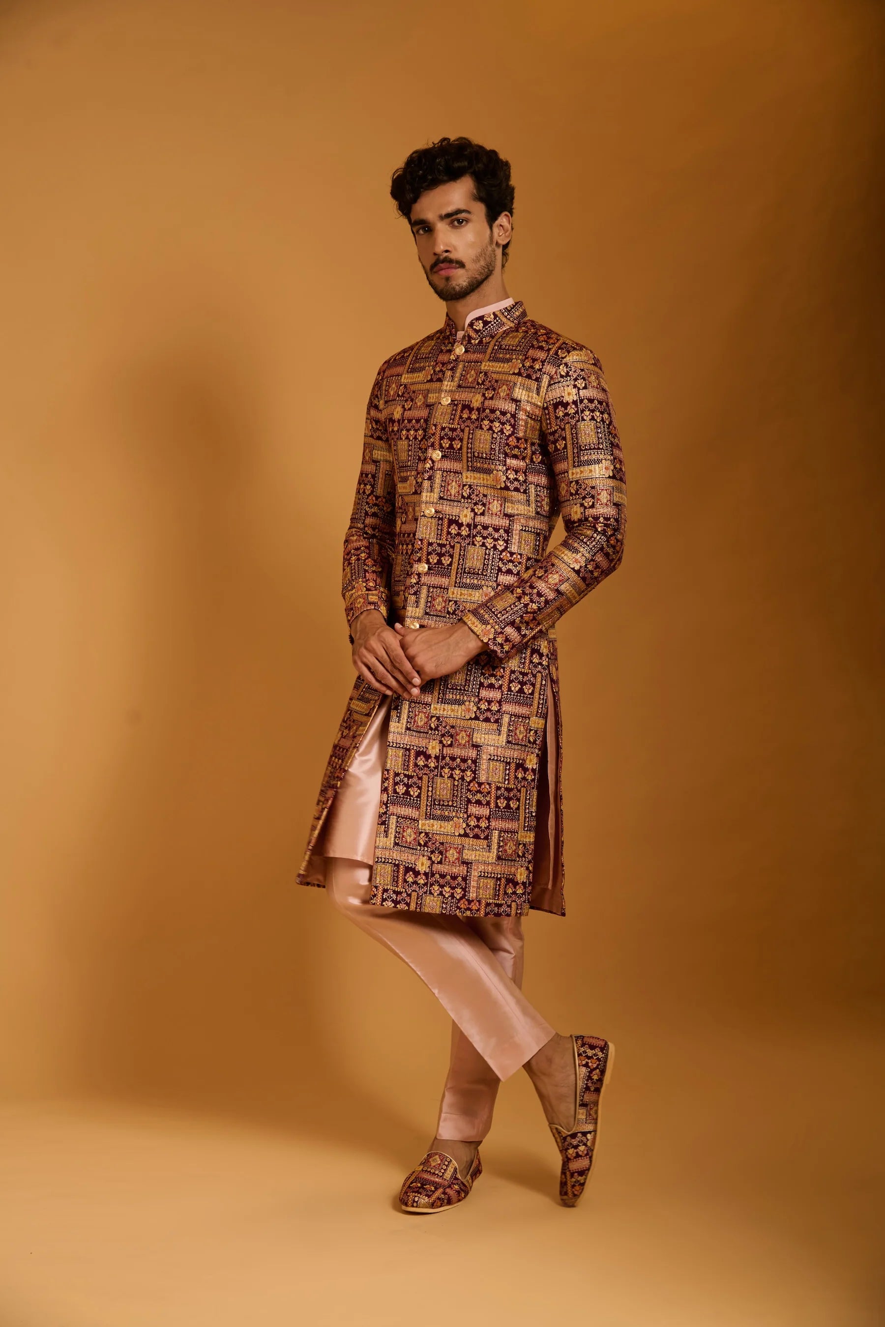 Trifecta plum brocade sherwani