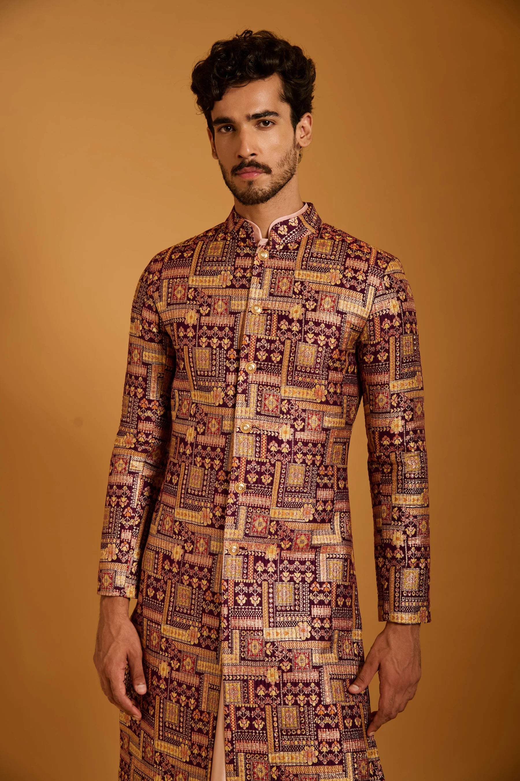 Trifecta plum brocade sherwani