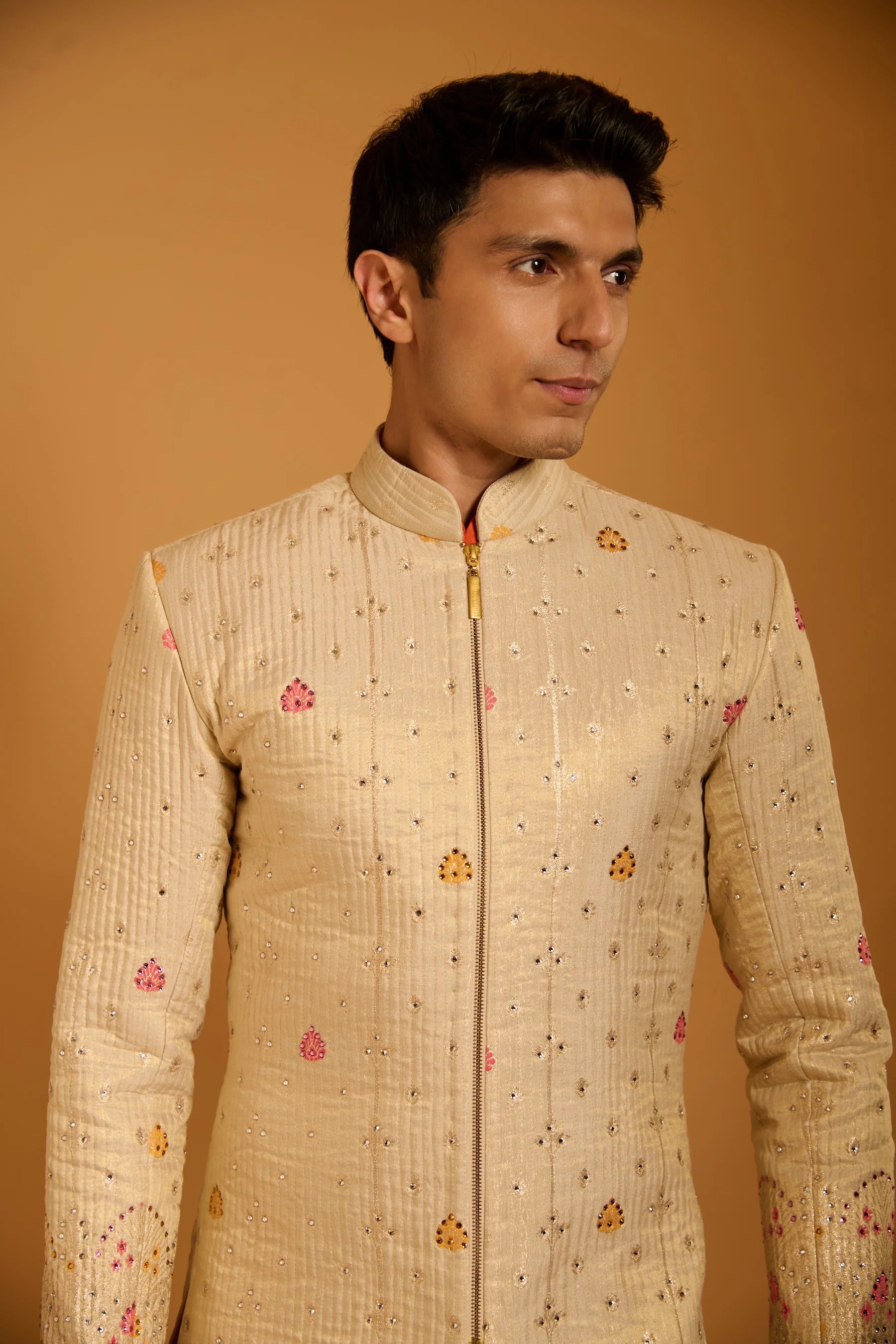 Trifecta pink-mango bootie quilted sherwani