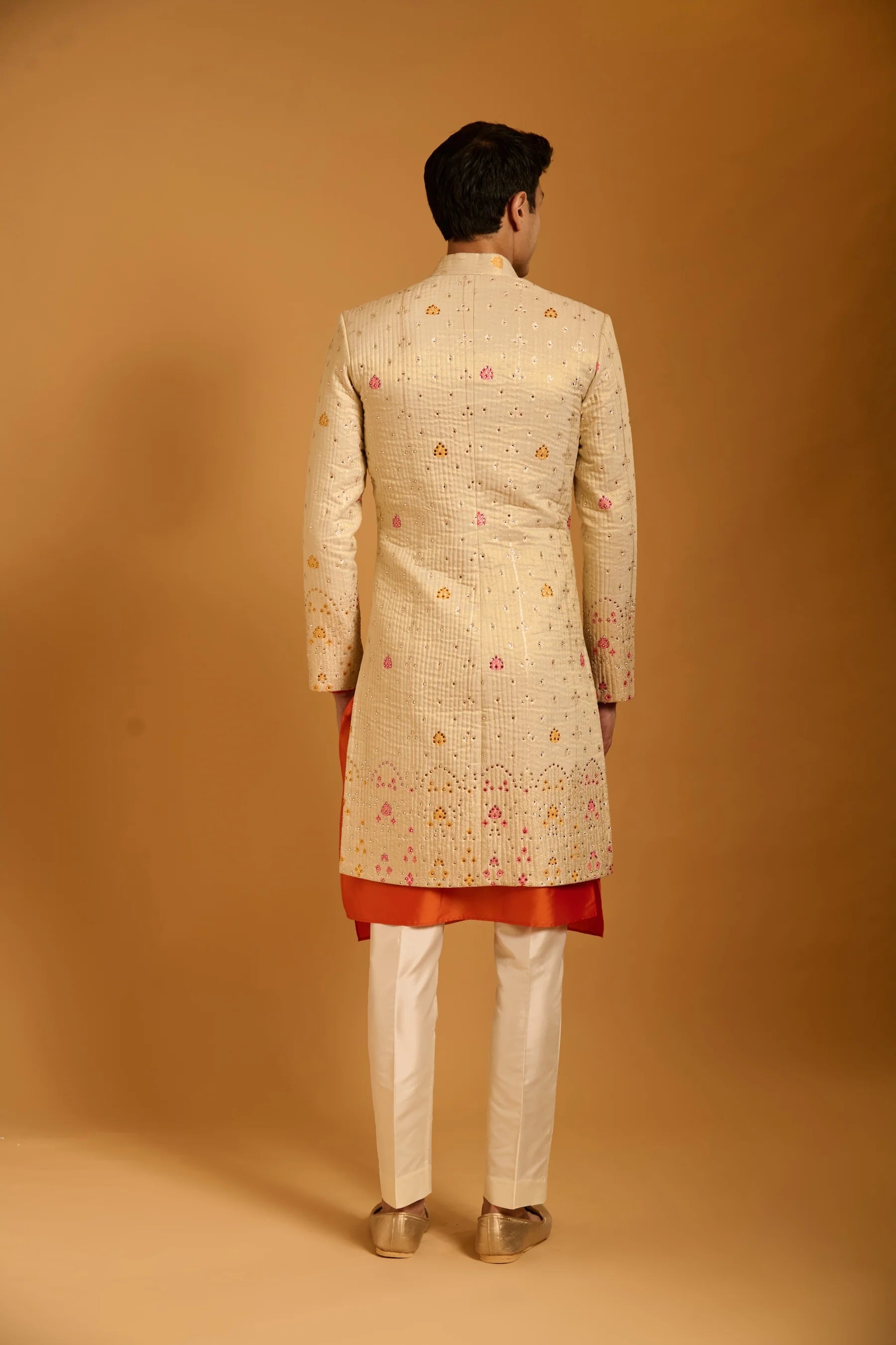 Trifecta pink-mango bootie quilted sherwani