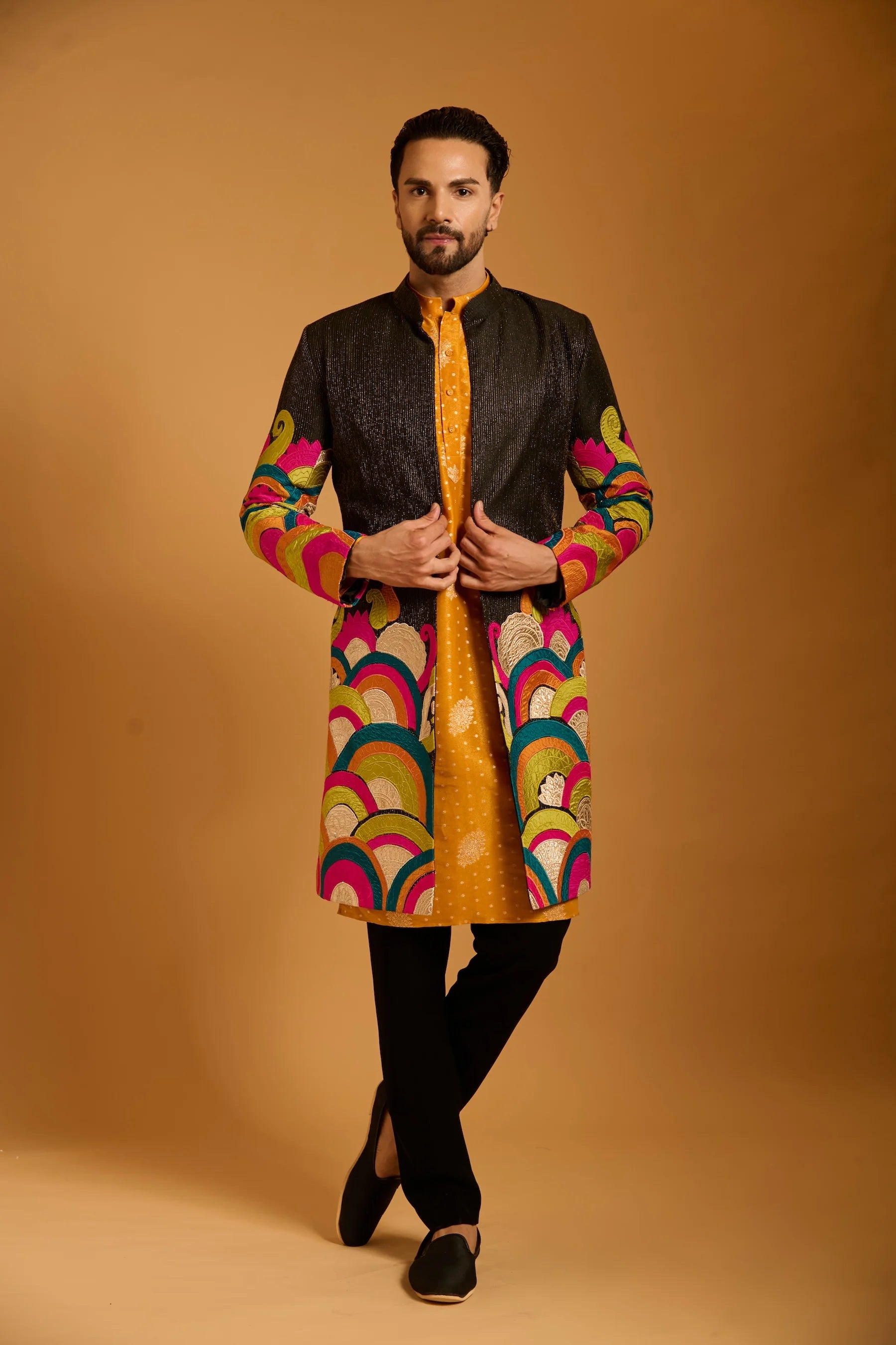 Trifecta black top stitch applique sherwani