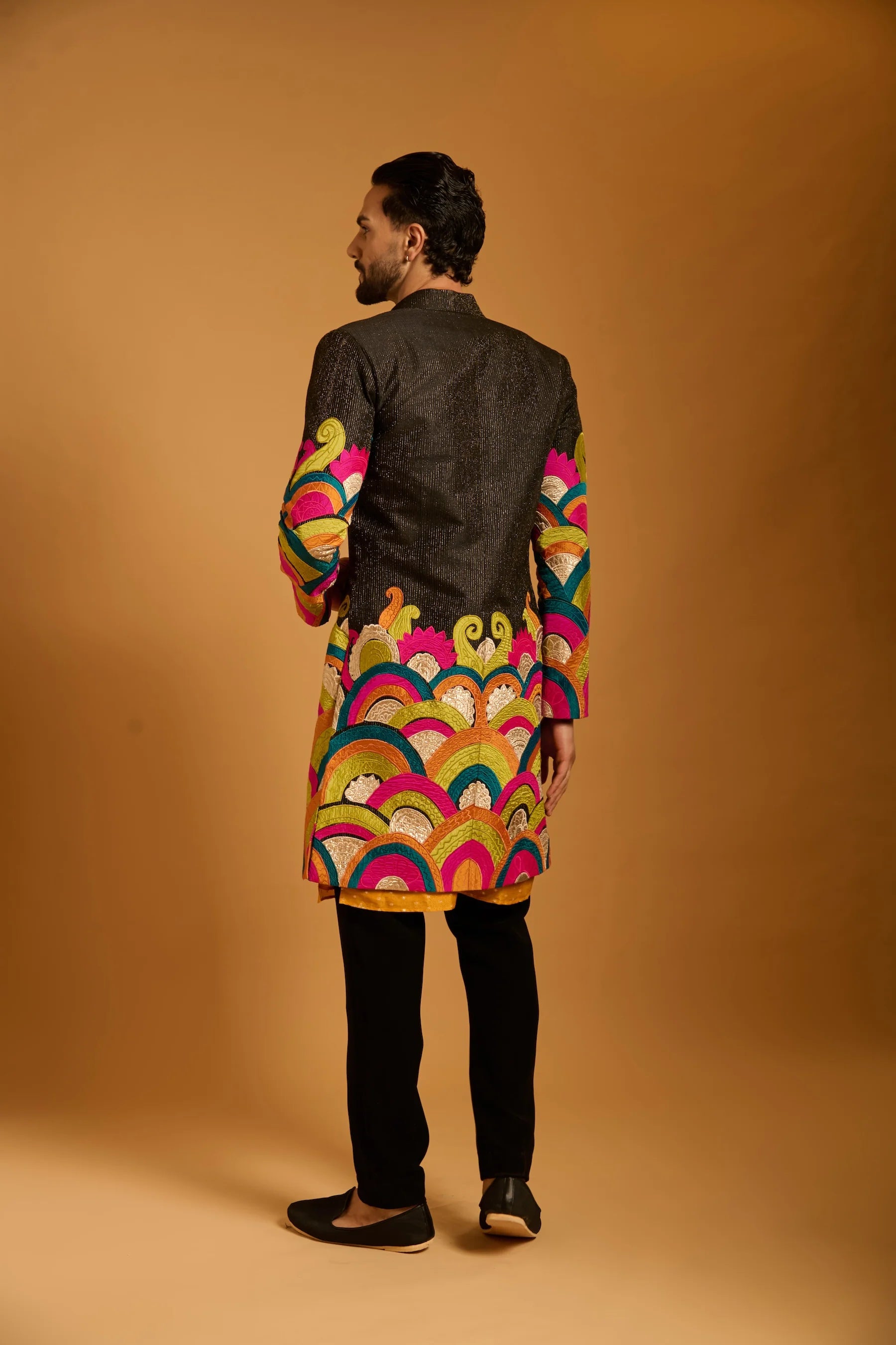 Trifecta black top stitch applique sherwani