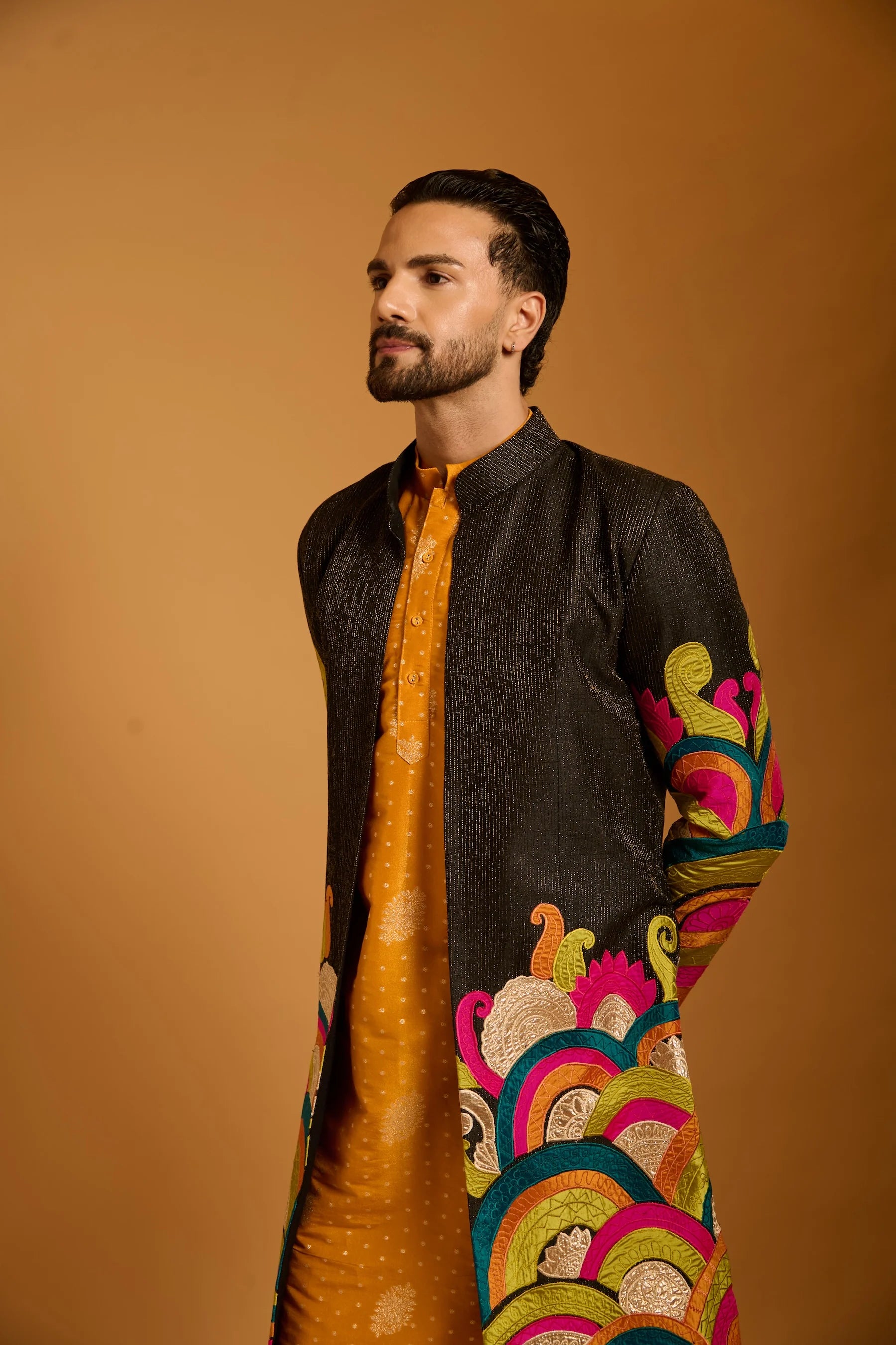 Trifecta black top stitch applique sherwani