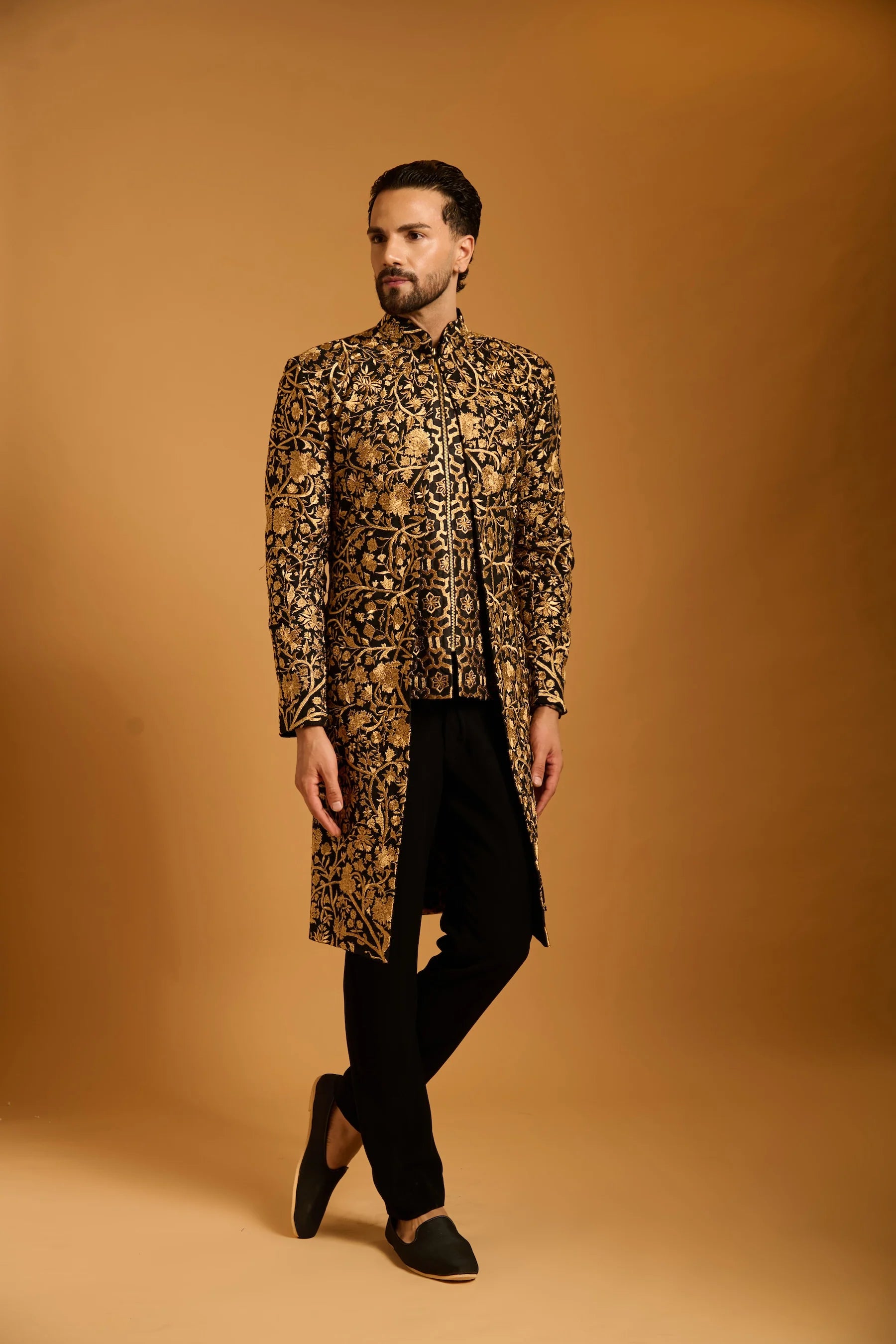 Trifecta black tree of life zari sherwani