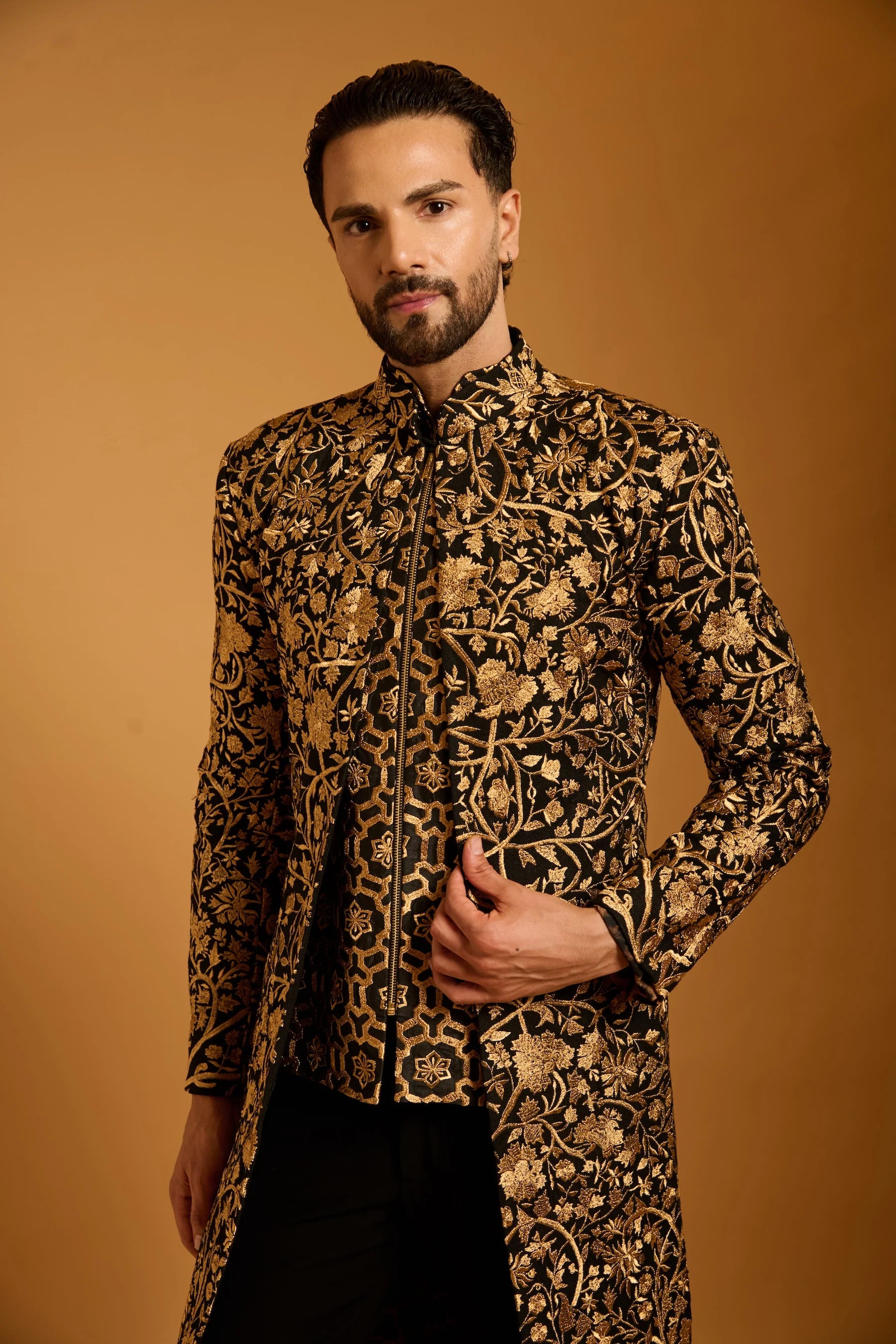 Trifecta black tree of life zari sherwani