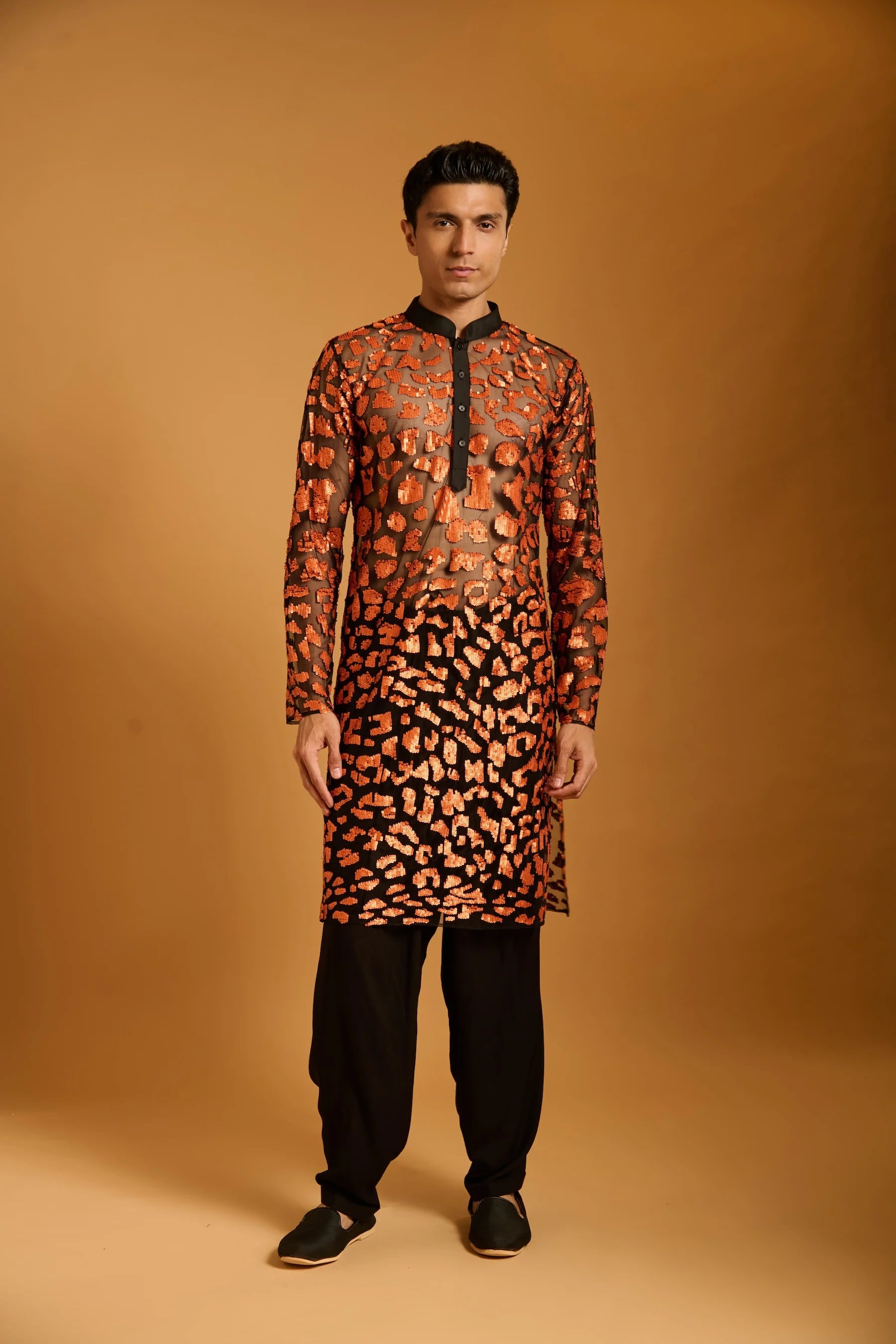 Trifecta black-orange cheetah sheer kurta