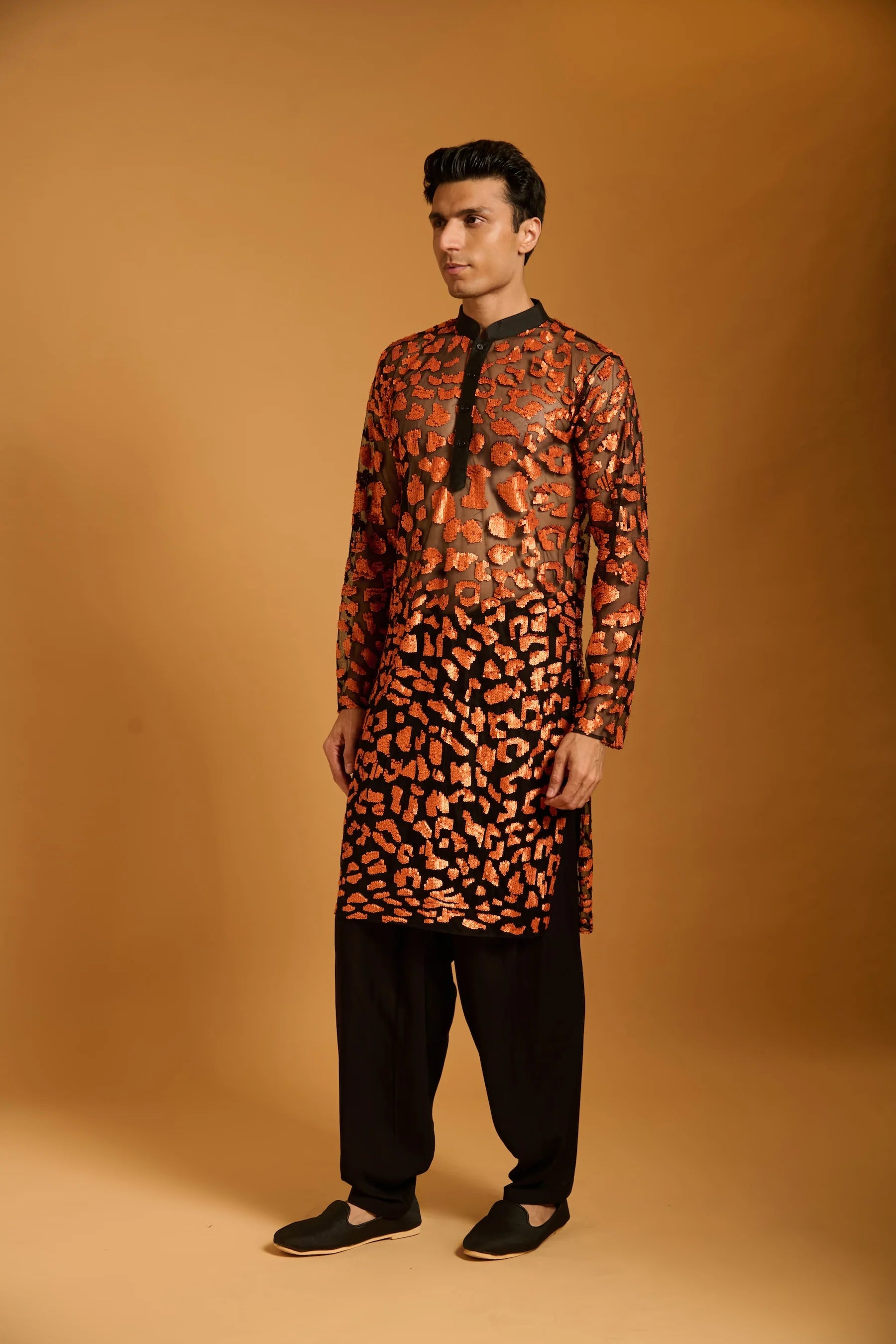 Trifecta black-orange cheetah sheer kurta