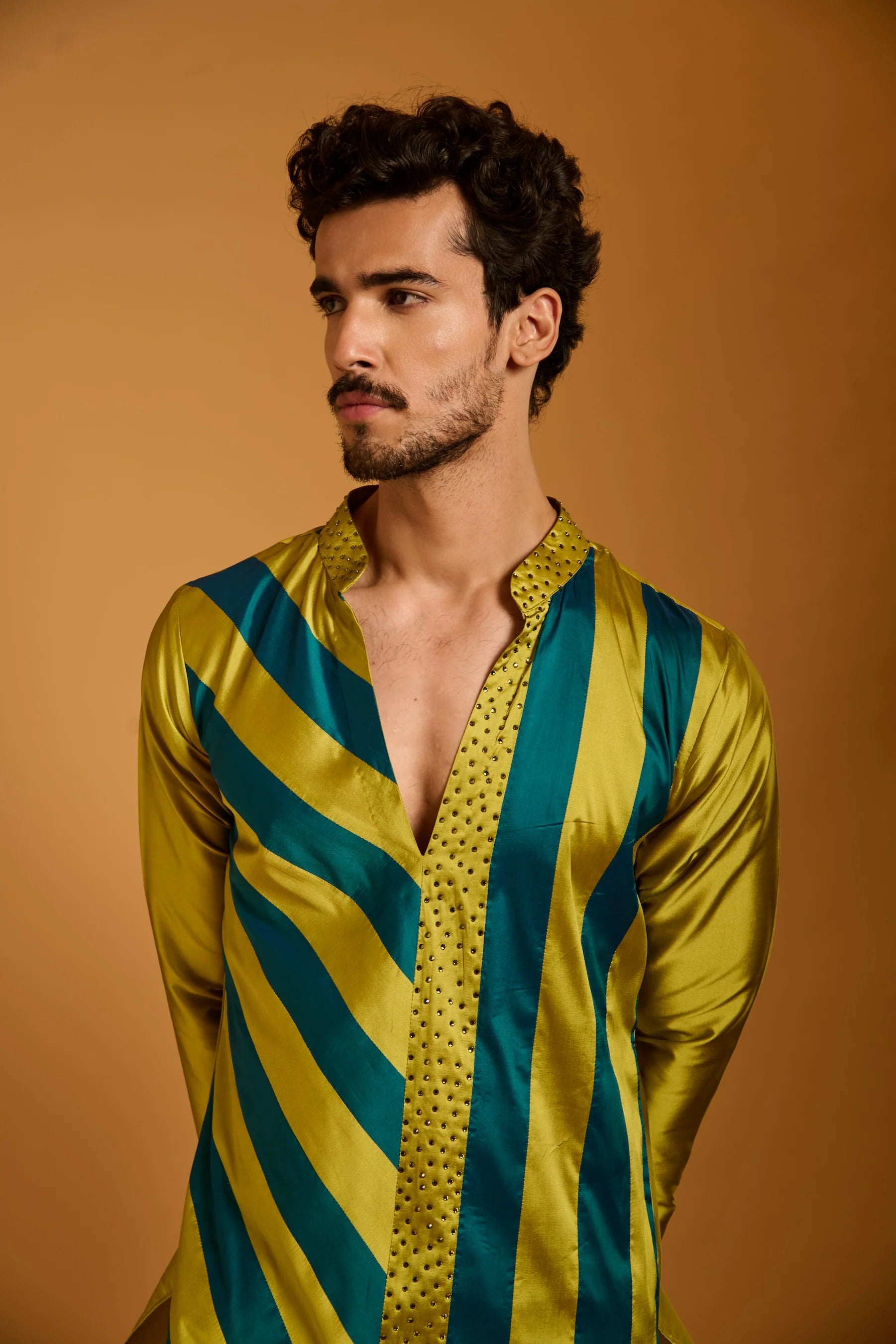 Trifecta acid green-teal striped kurta