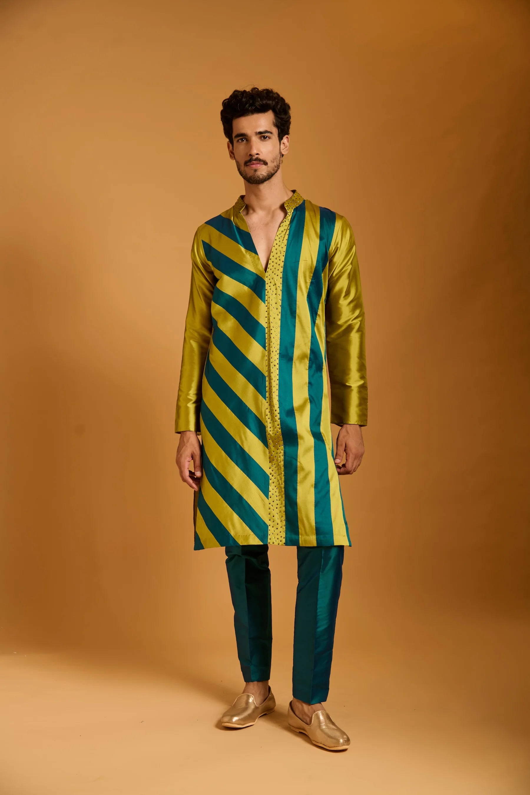 Trifecta acid green-teal striped kurta