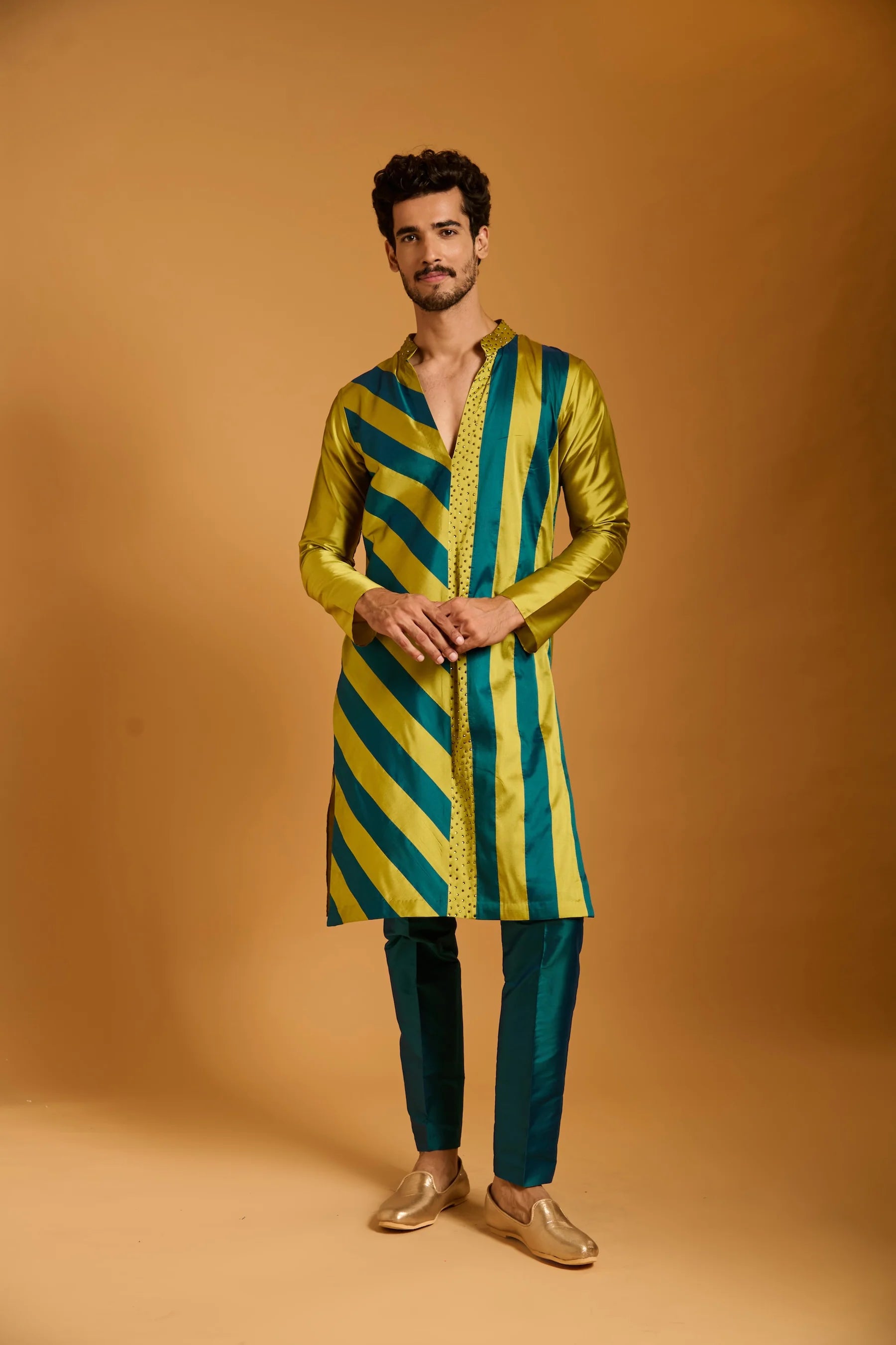 Trifecta acid green-teal striped kurta
