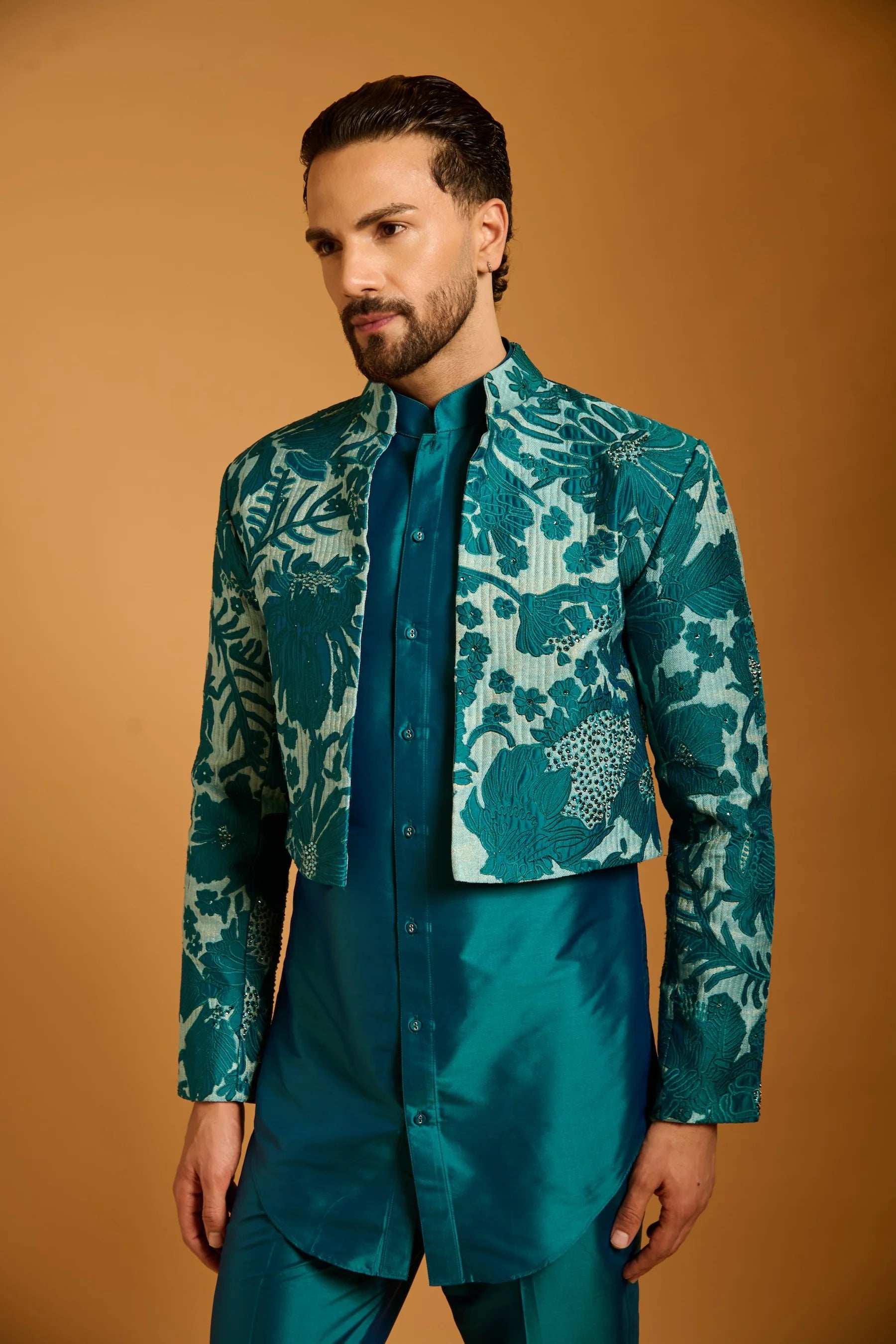 Trifecta teal-aqua crystal crop jacket set